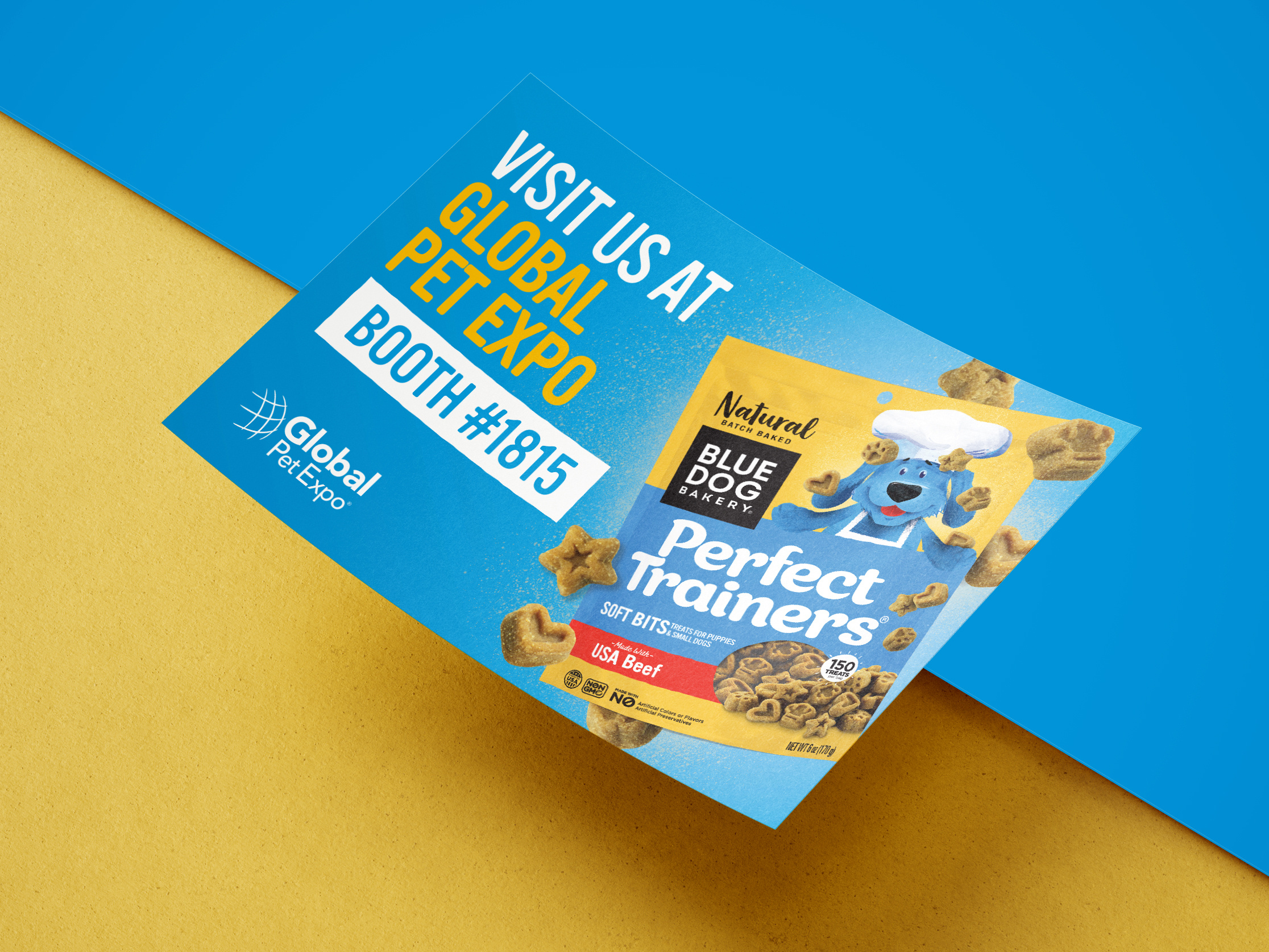Flyer design for Blue Dog Bakery, trade marketing print collateral for Global Pet Expo booth promotion