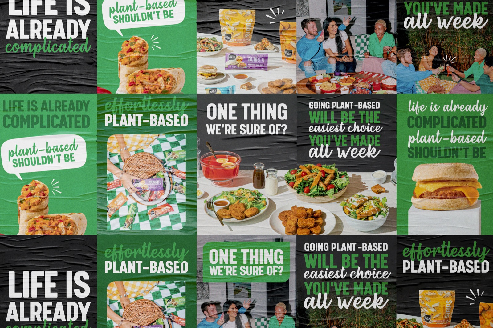 Poster designs for plant-based CPG brand campaign, out-of-home advertising and retail promotion graphics with bold typography and food photography