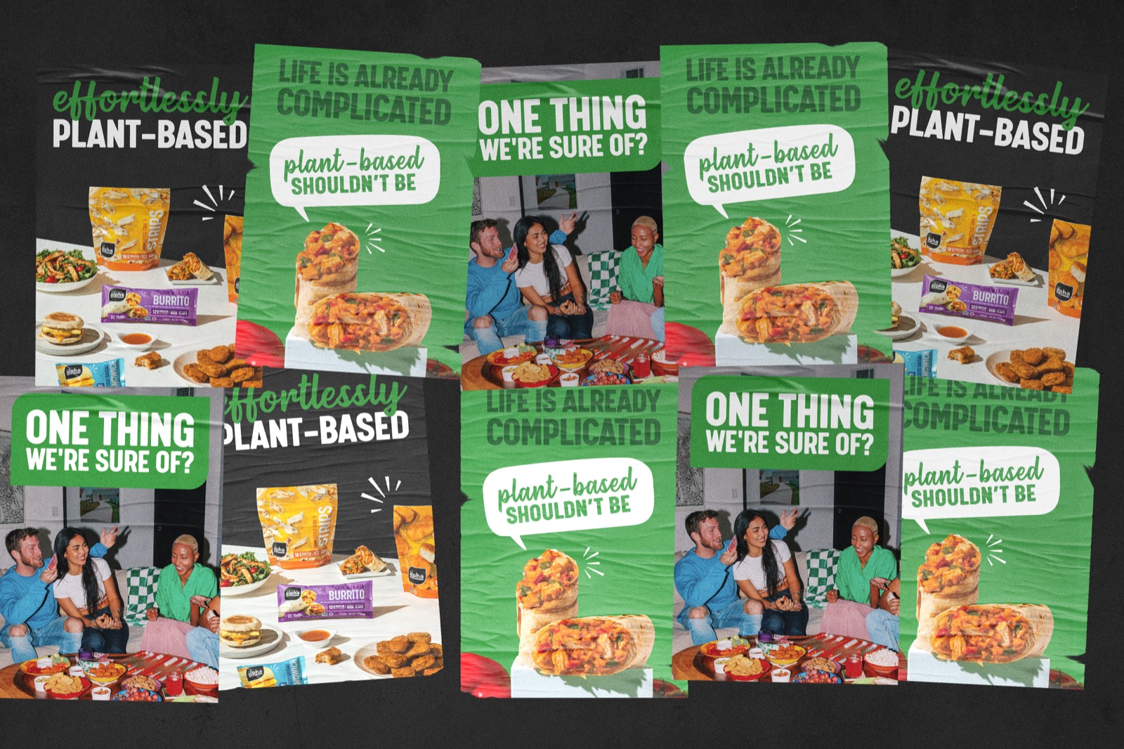 Out-of-home advertising design for a plant-based food brand, wild posting campaign with distressed posters featuring bold typography, lifestyle imagery, and product shots for urban marketing