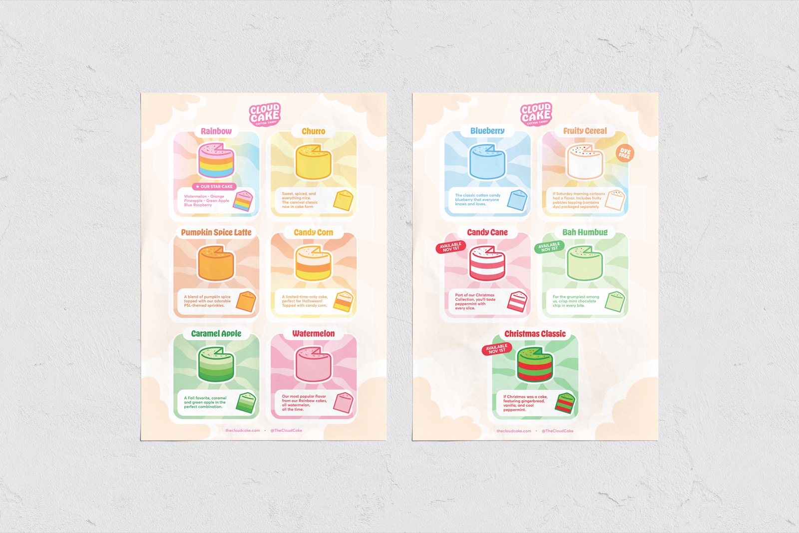 Poster design for Cloud Cake cotton candy brand, trade show graphics and event marketing signage featuring colorful illustrations of different flavors and seasonal offerings
