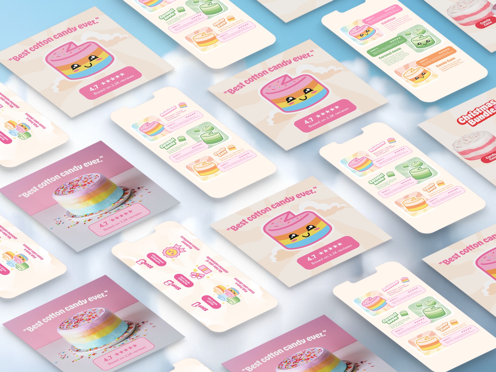 Social media content design for CPG candy brand, Instagram posts and mobile screens featuring product illustrations, reviews, and flavor options