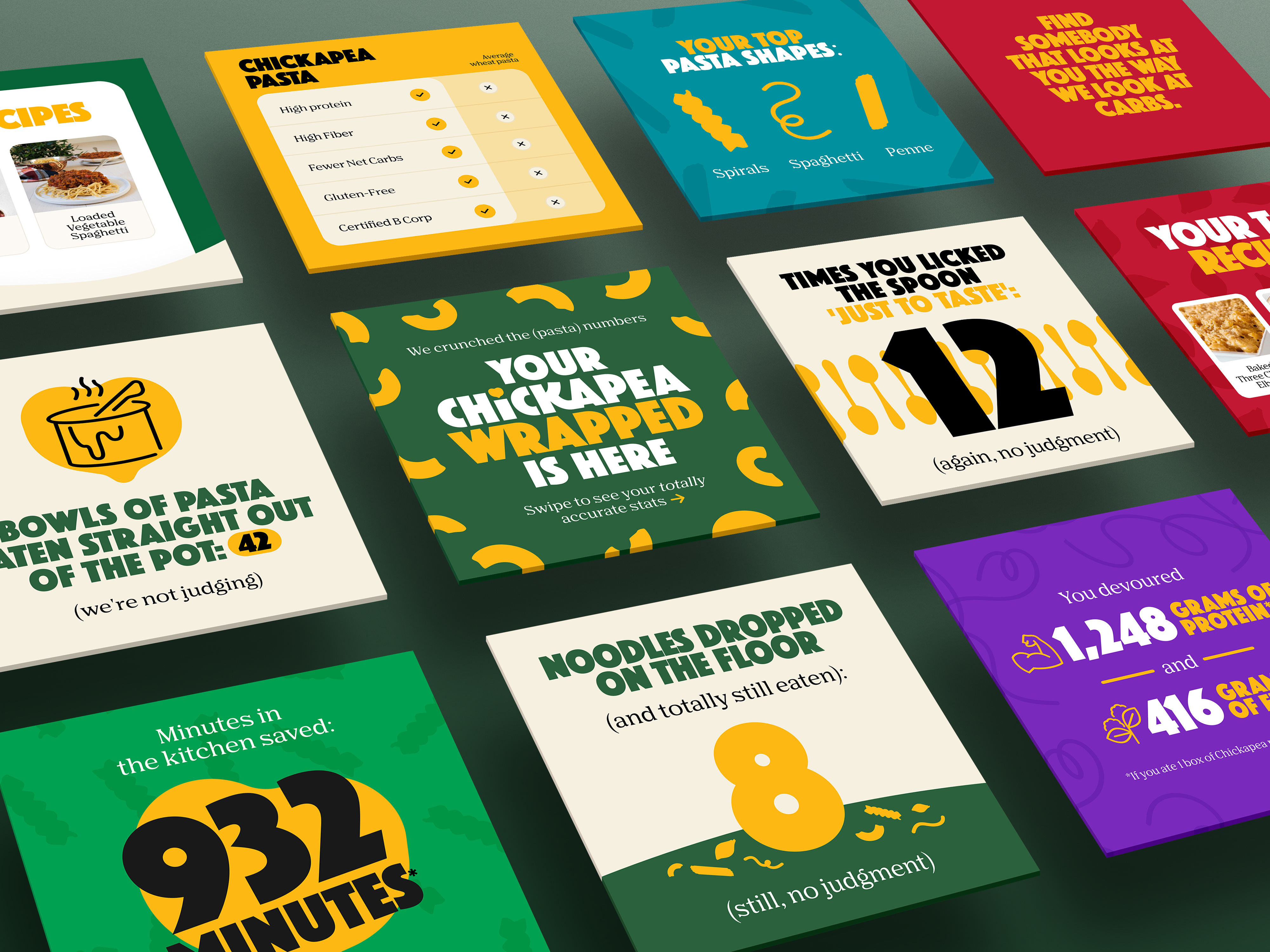 Social media post design for CPG brand Chickapea, content marketing graphics with bright colors, bold typography, and playful illustrations for digital engagement