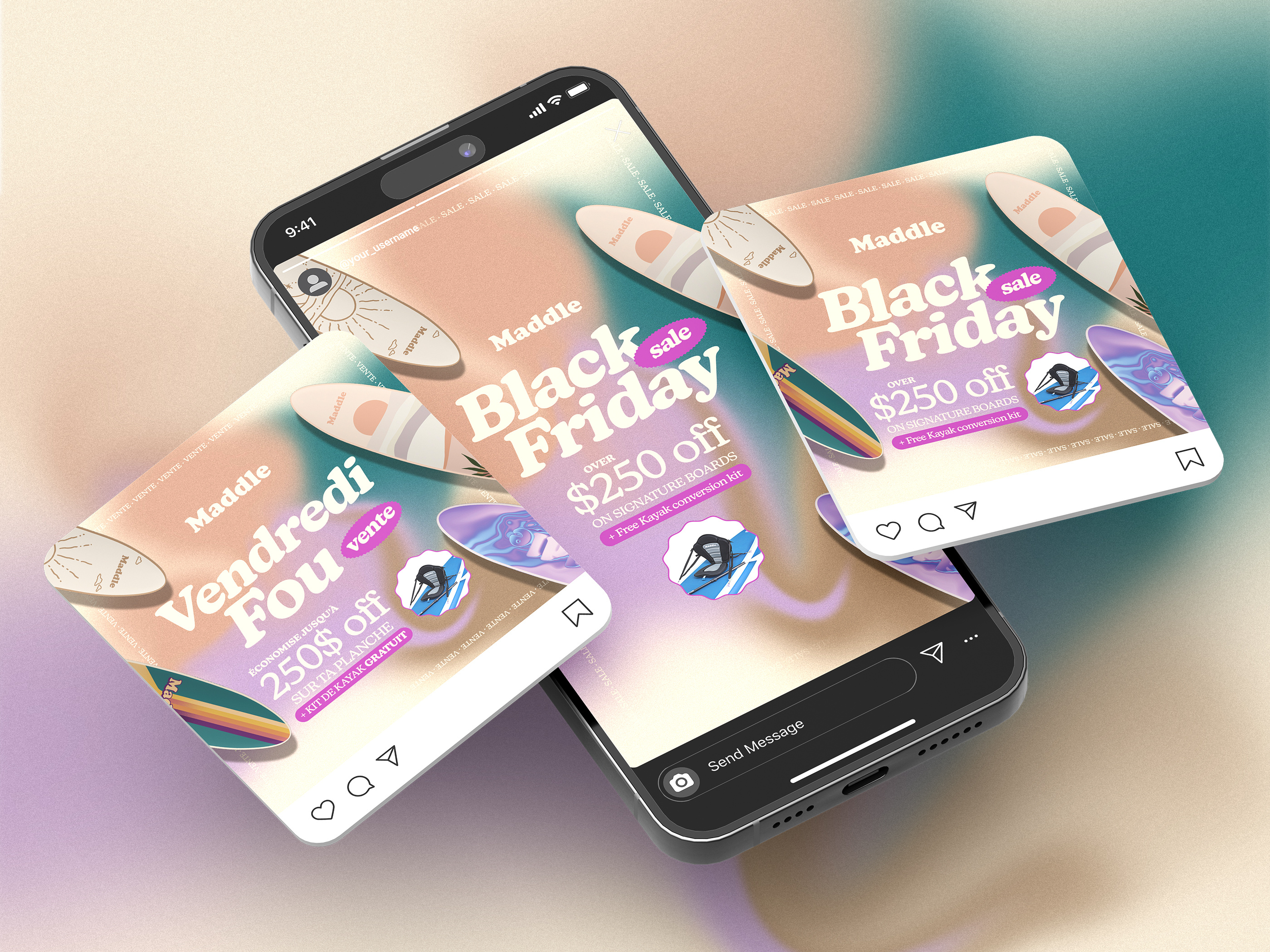 Social media ad design for DTC brand Maddle, Black Friday promotional campaign, digital marketing assets for mobile advertising