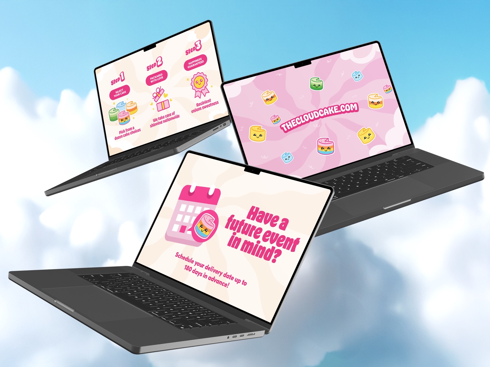 E-commerce website design and UI layout for a CPG candy brand, featuring landing page, ordering process steps, and delivery scheduling screens displayed on laptops
