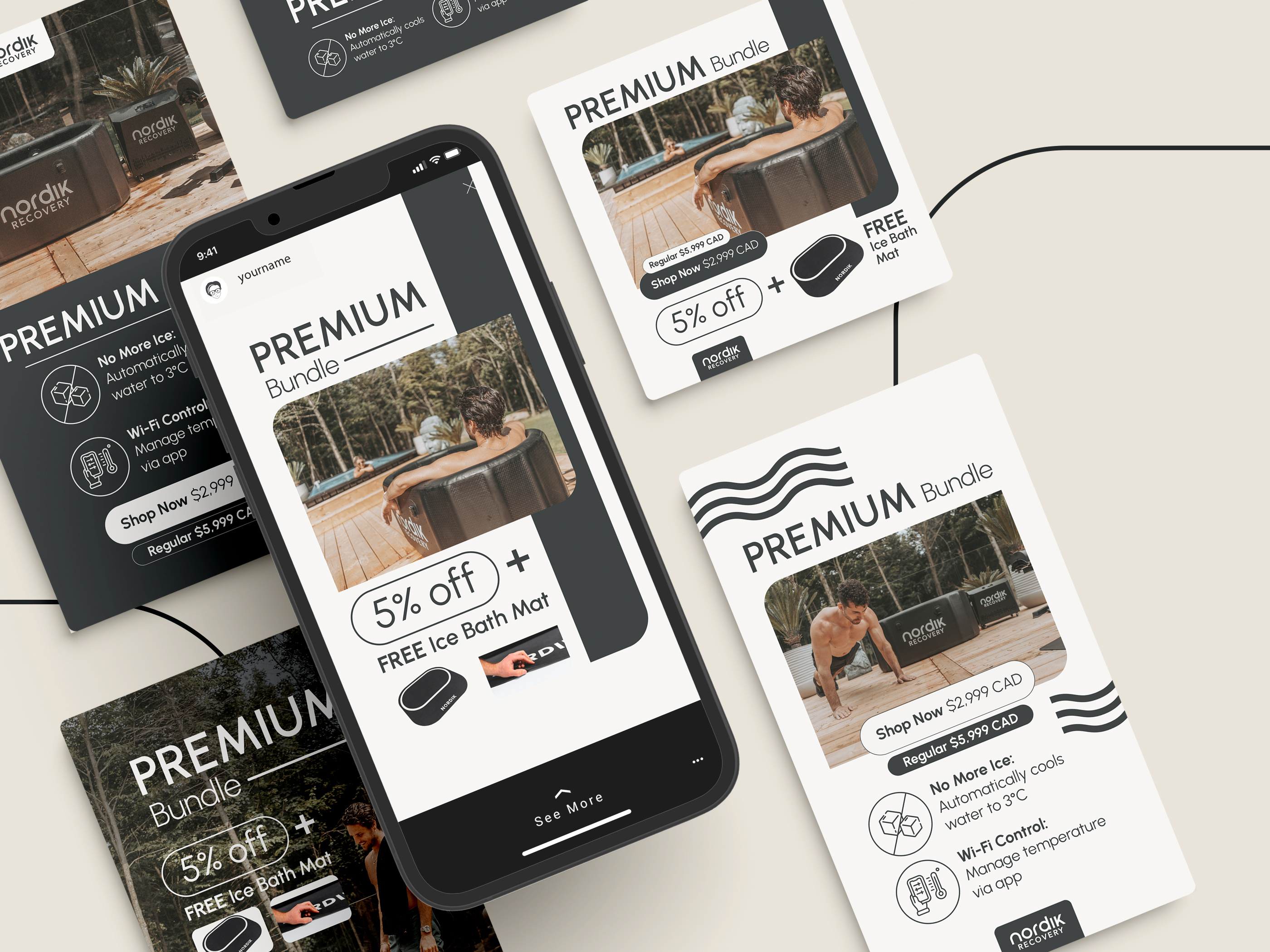 DTC ad design and social media advertising creatives for wellness brand, Meta ad layouts optimized for mobile conversions and premium bundle offers
