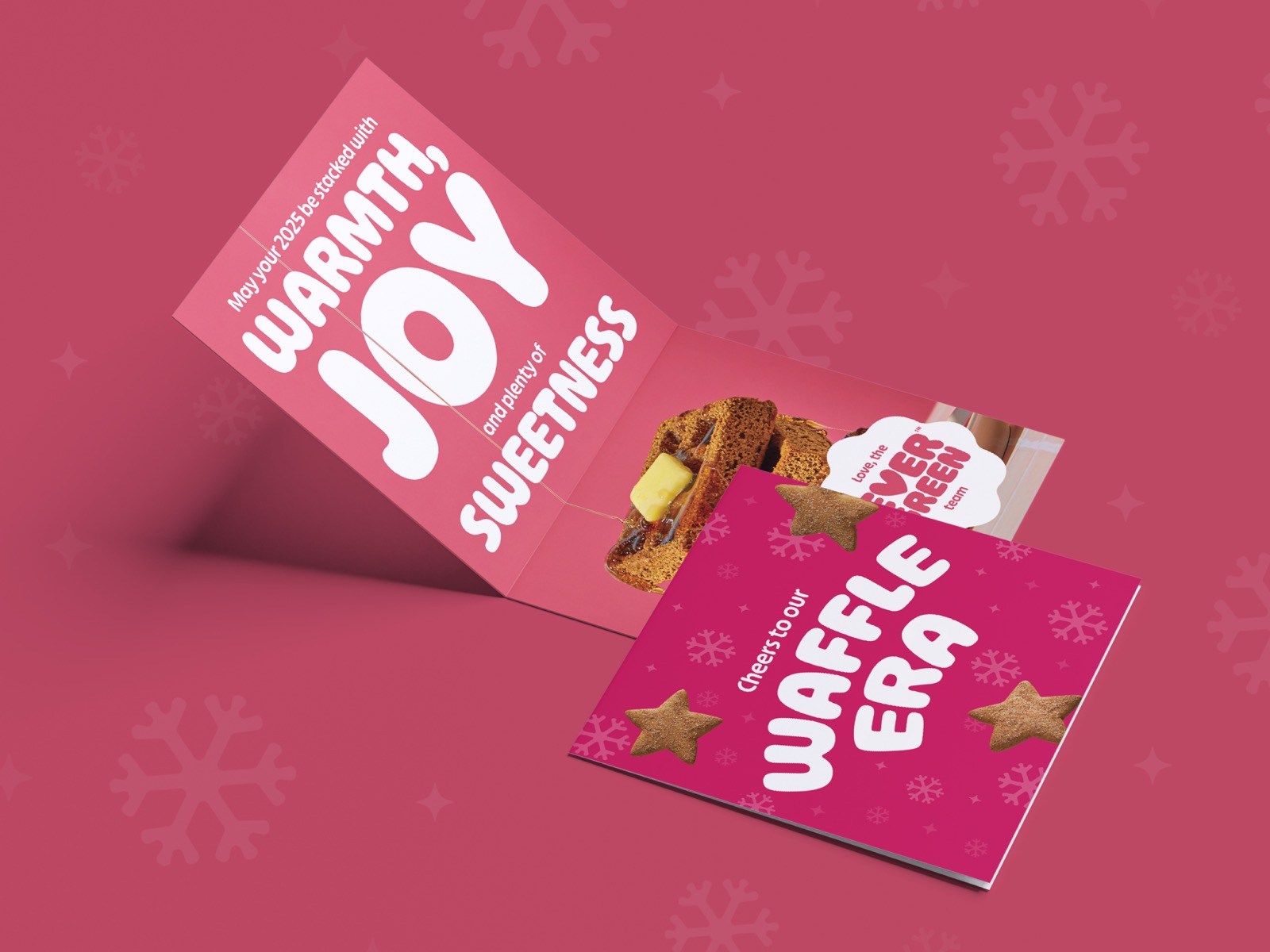 Postcard design for waffle brand Evergreen, holiday themed print collateral for trade shows and retail promotions
