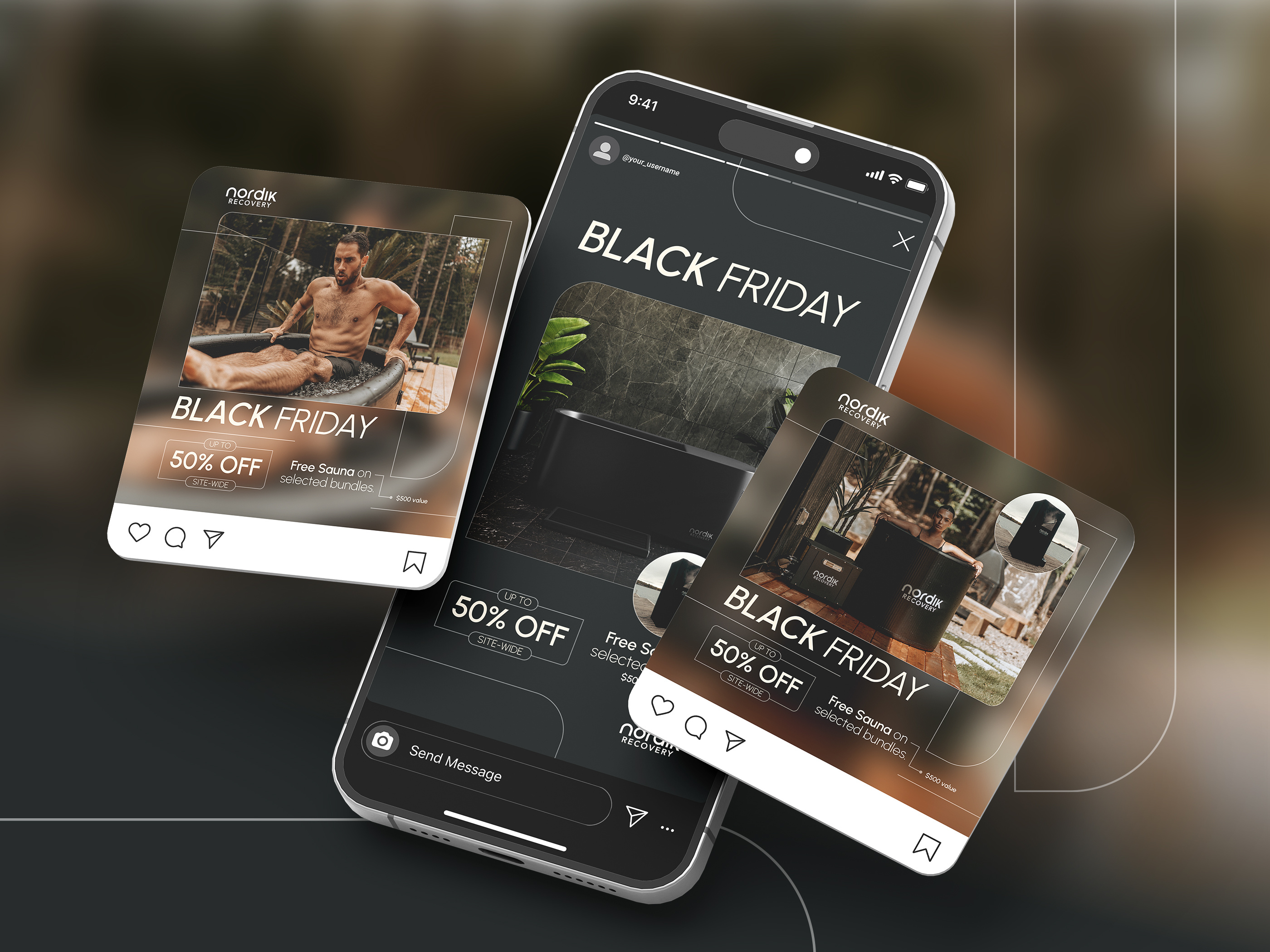Social media design for DTC brand Nordik Recovery, Instagram posts and stories for Black Friday campaign, digital marketing assets for e-commerce promotions