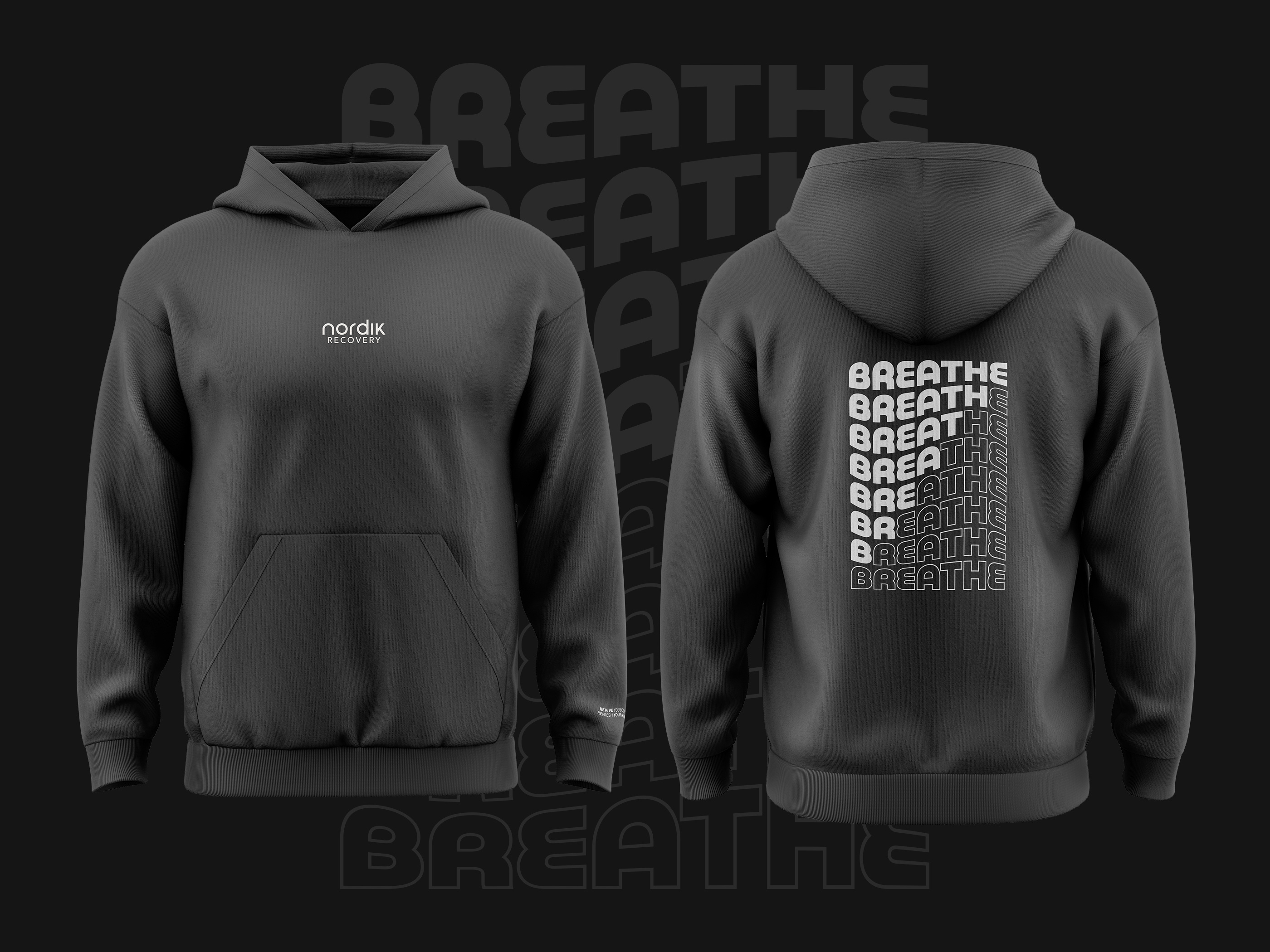 Apparel and merchandise design for Nordik Recovery hoodie featuring front logo and repeating back graphic for brand swag and event marketing promotions