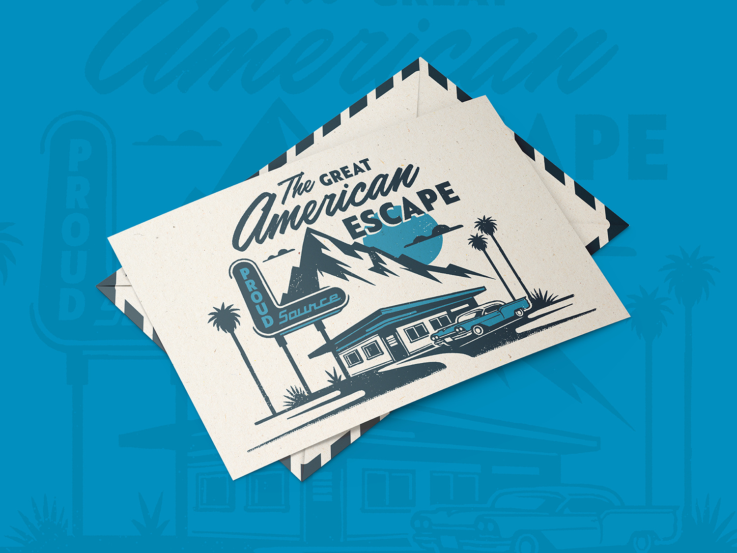 Postcard design and print collateral for beverage brand Proud Source, vintage illustration style used for trade marketing and event promotions