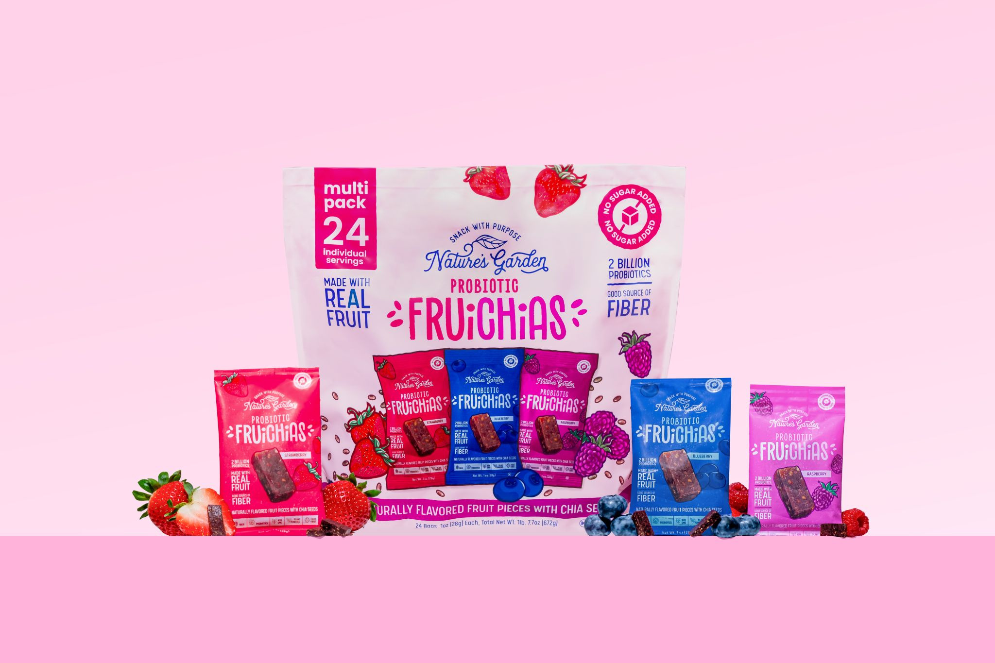 Packaging design for Nature's Garden Probiotic Fruichias, multi-pack bag and individual wrappers for CPG snack branding and retail packaging