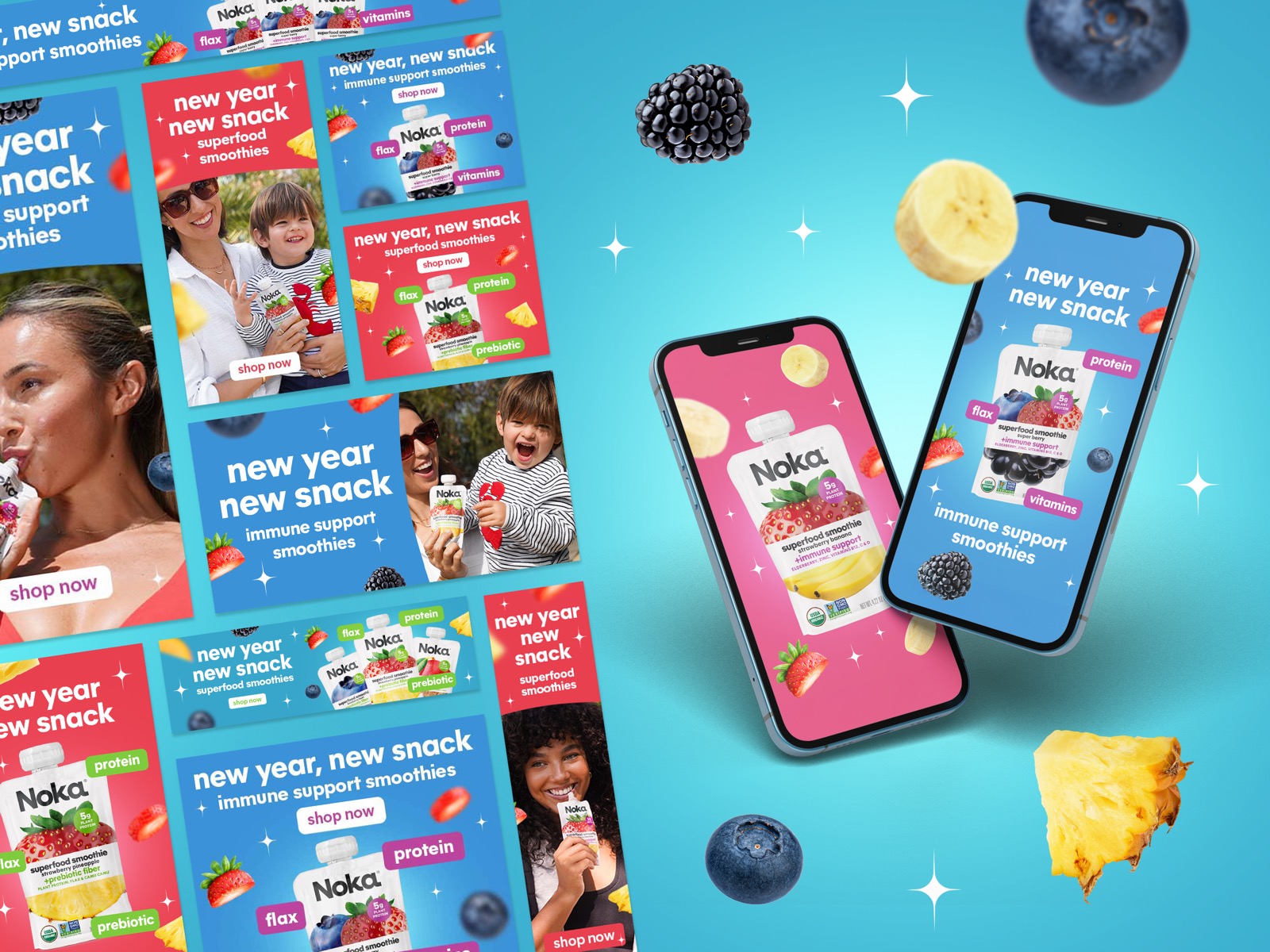 Digital advertising campaign design for CPG brand Noka, social media ad creatives and banner ads optimized for new year promotions and brand awareness