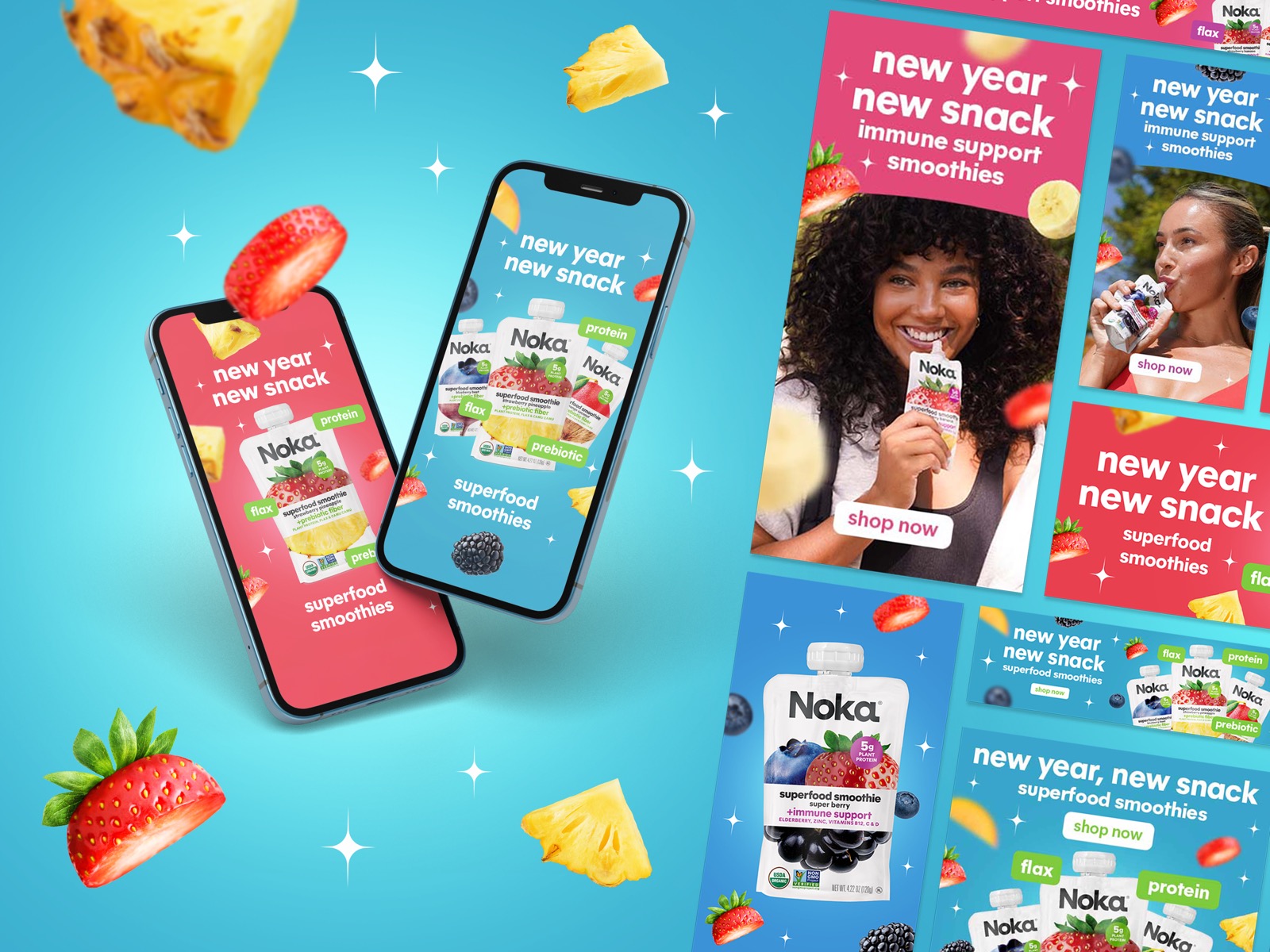 Digital advertising design and social media ad campaign for CPG smoothie brand Noka showing mobile layouts and various ad formats optimized for seasonal promotions and e-commerce