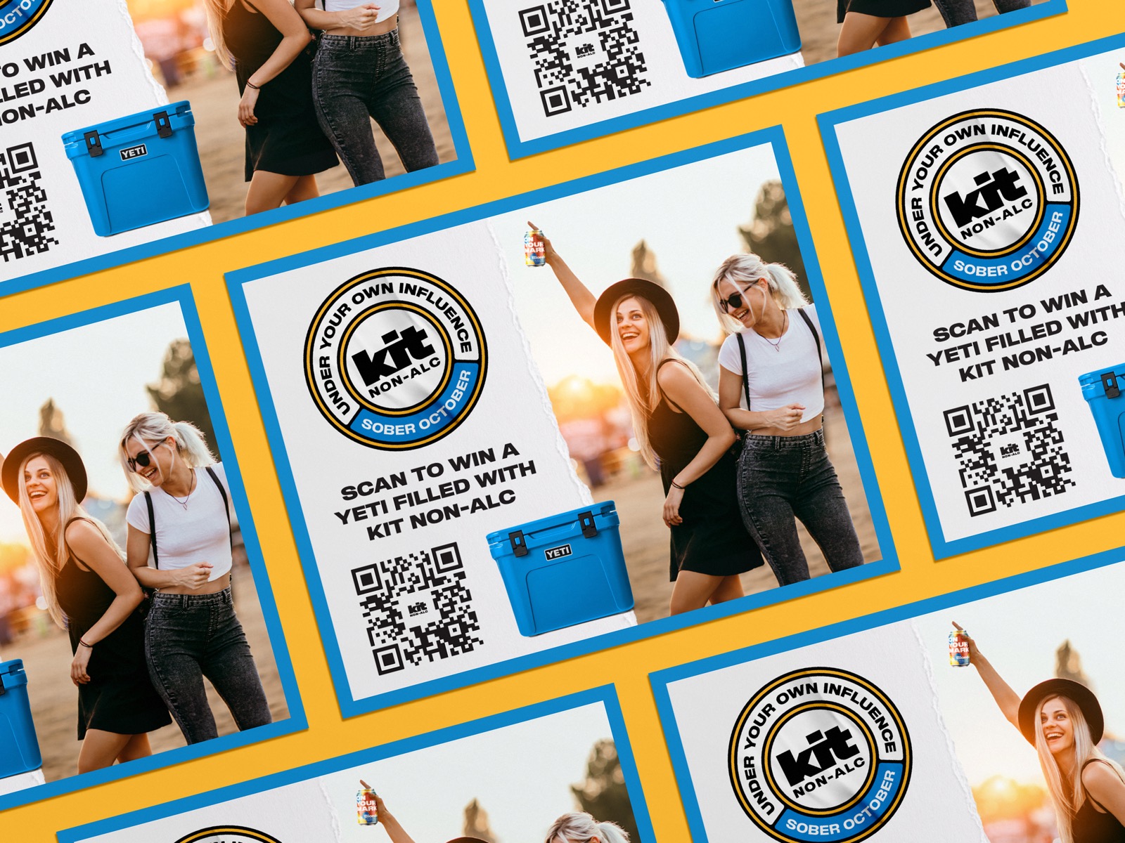 Retail shelf talker design for Kit NA Brewing, point-of-sale promotion graphic for Sober October campaign with QR code scan to win contest