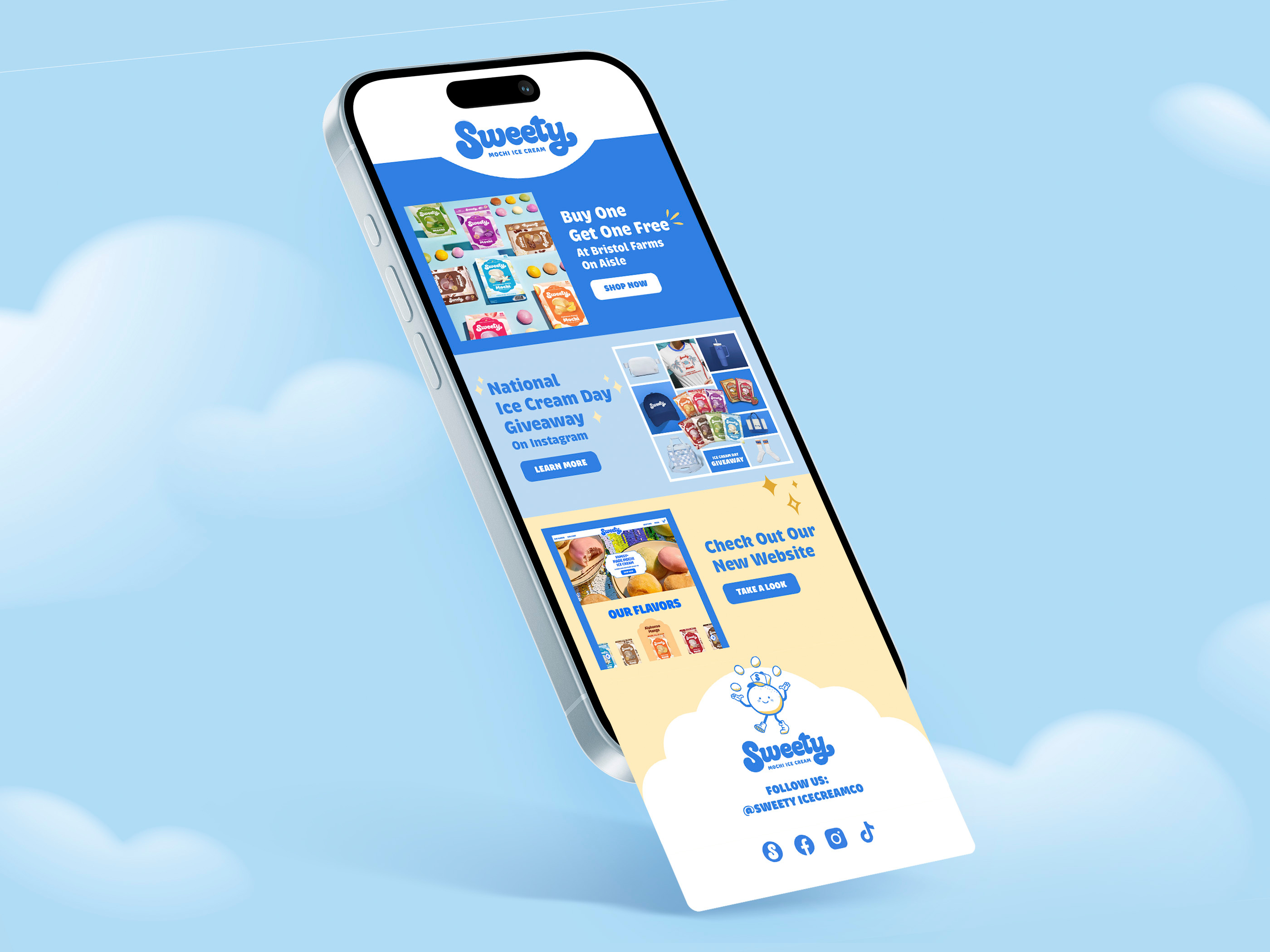 Email design for frozen snack brand Sweety, promotional e-commerce email marketing layout featuring BOGO offer, giveaway, and website link optimized for mobile devices