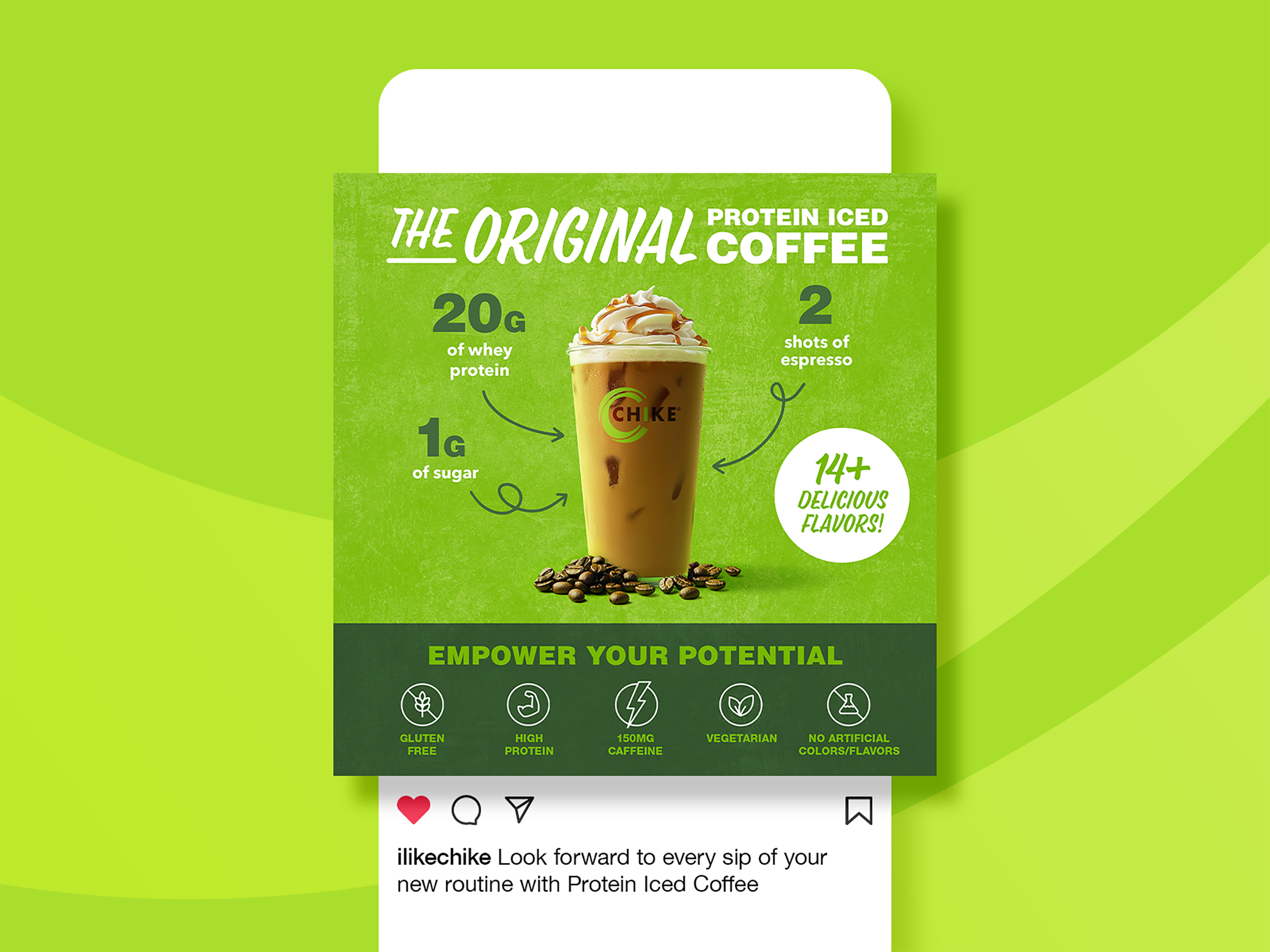 Social media design for CPG brand Chike Protein Iced Coffee, digital marketing asset optimized for brand awareness and product education on platforms like Instagram