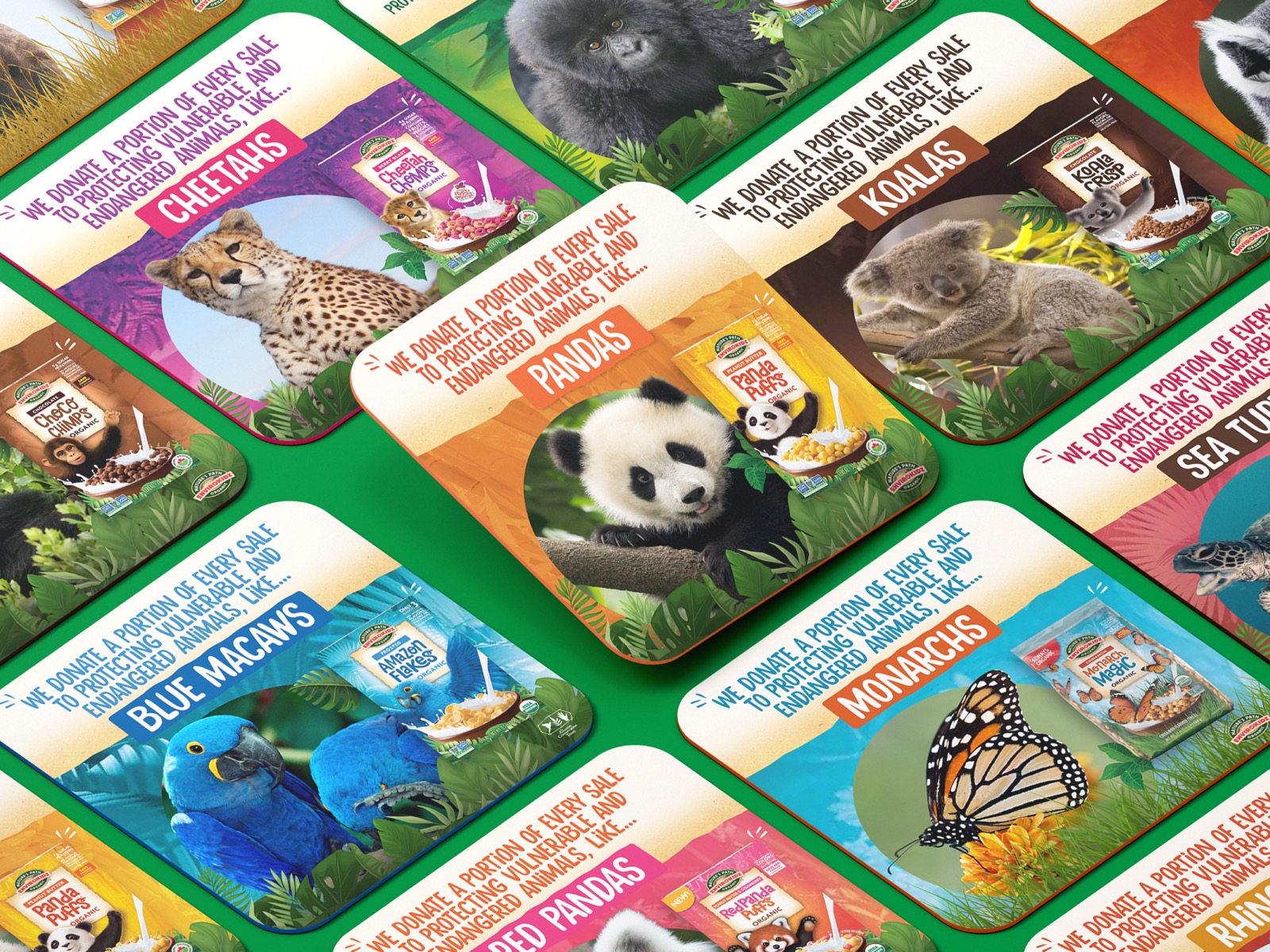 Social media design for CPG snack brand, Instagram post series featuring endangered animals and product packaging for cause marketing campaign