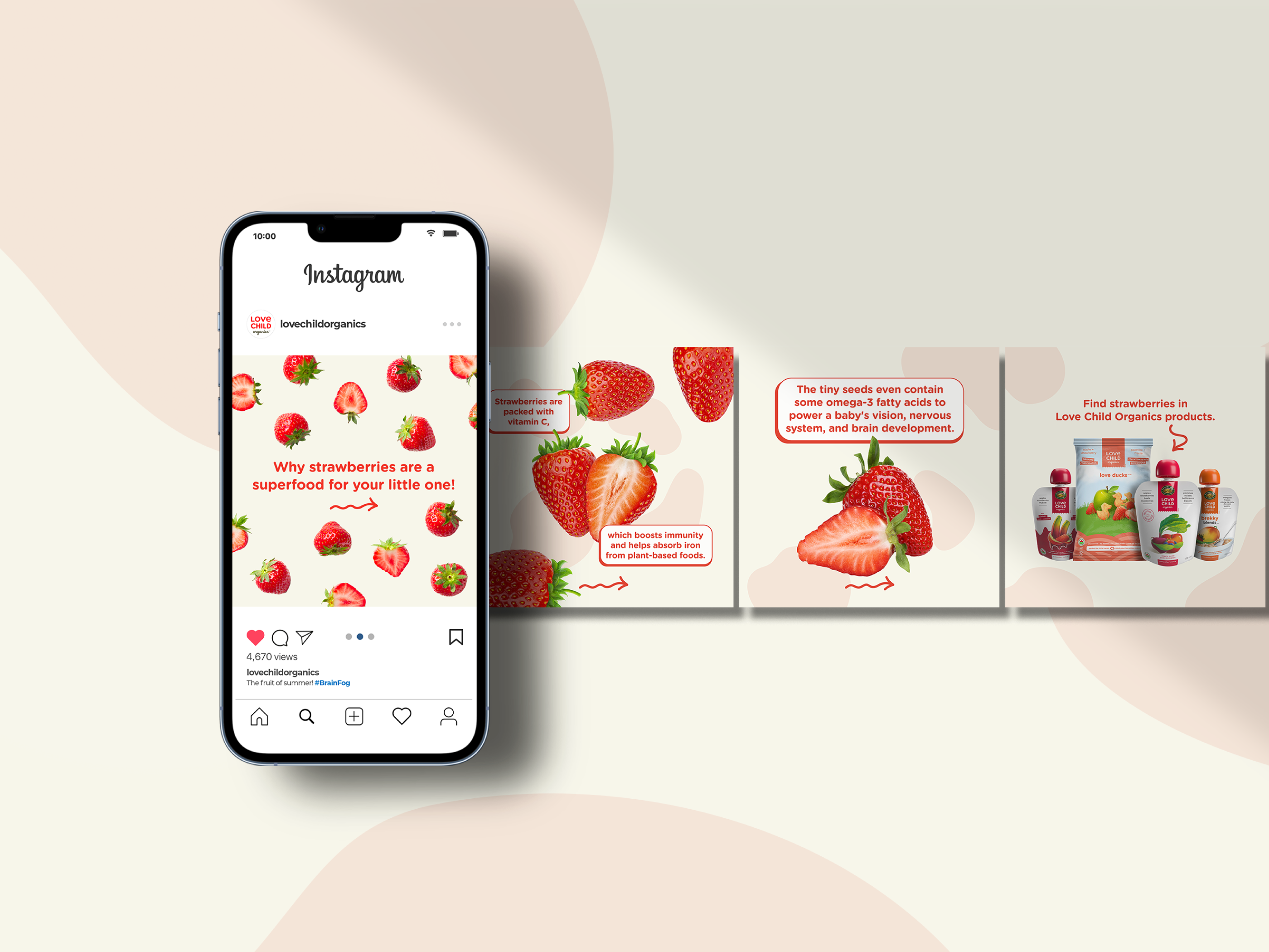 Social media carousel design for CPG brand Love Child Organics, instagram marketing layout optimized for engagement and educational content about ingredients