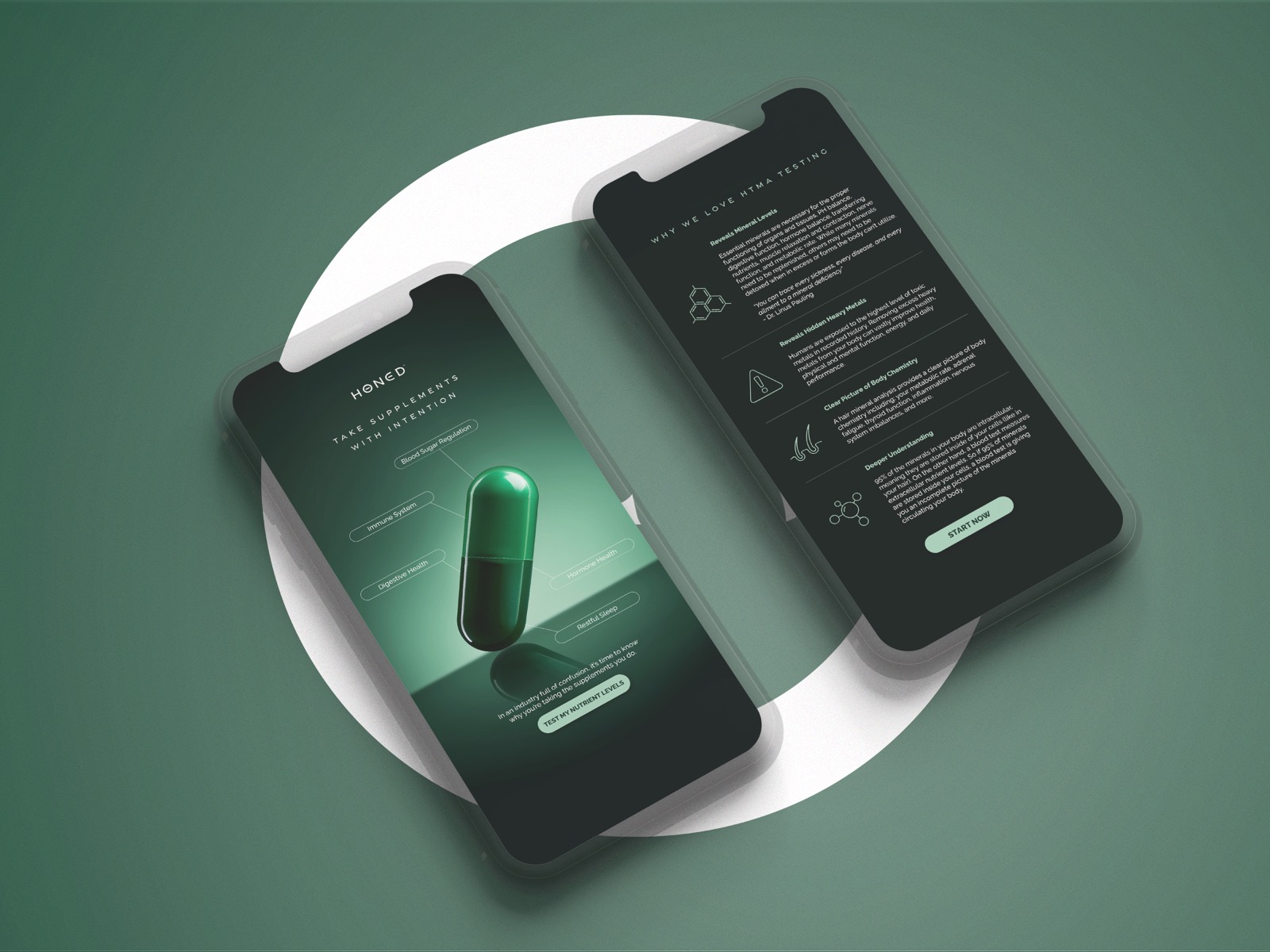 Social media content design for supplement brand Honed, Instagram Stories layout for DTC marketing and health and wellness campaigns