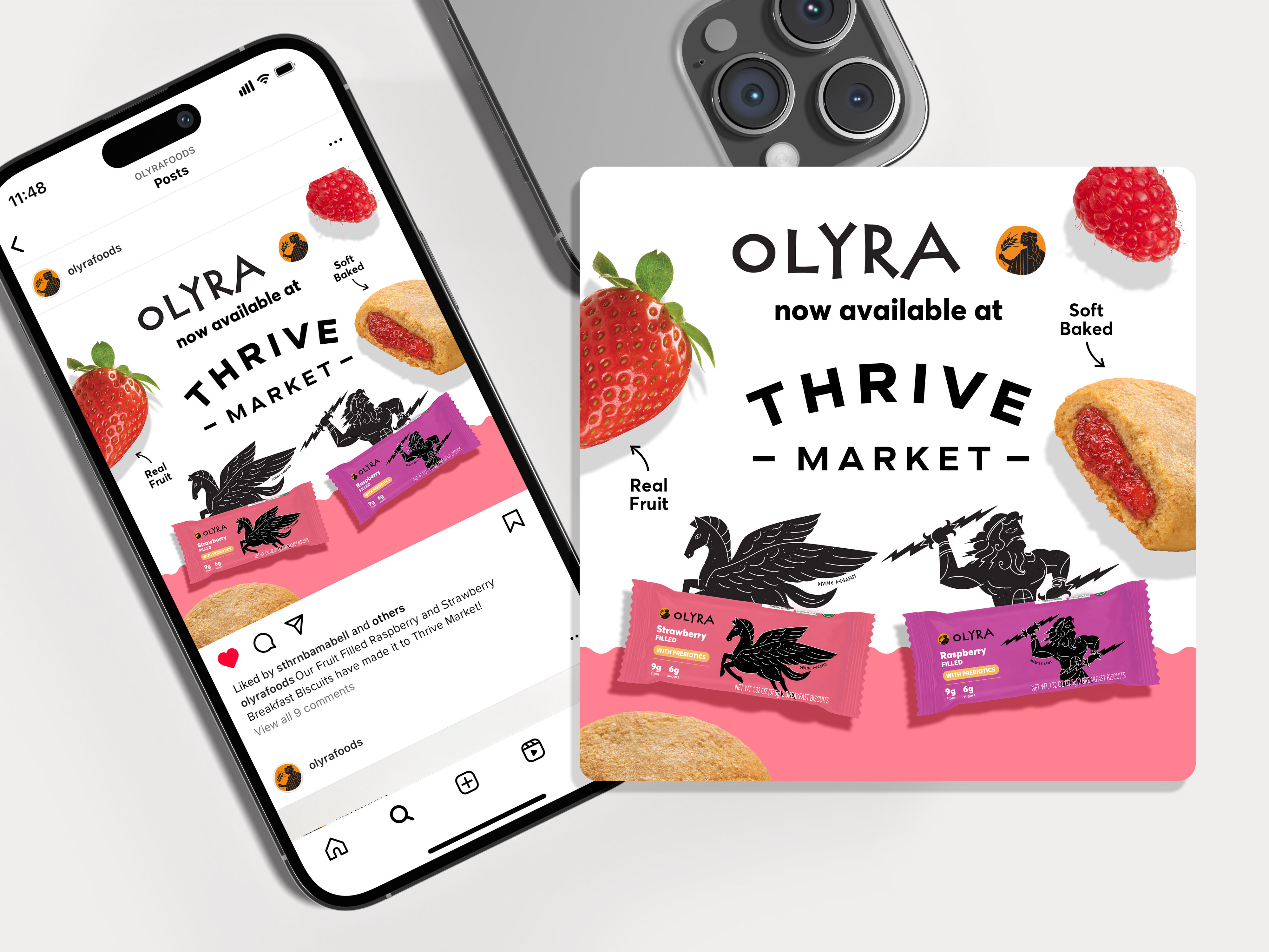 Social media design for Olyra announcing availability at Thrive Market, announcement post for CPG marketing