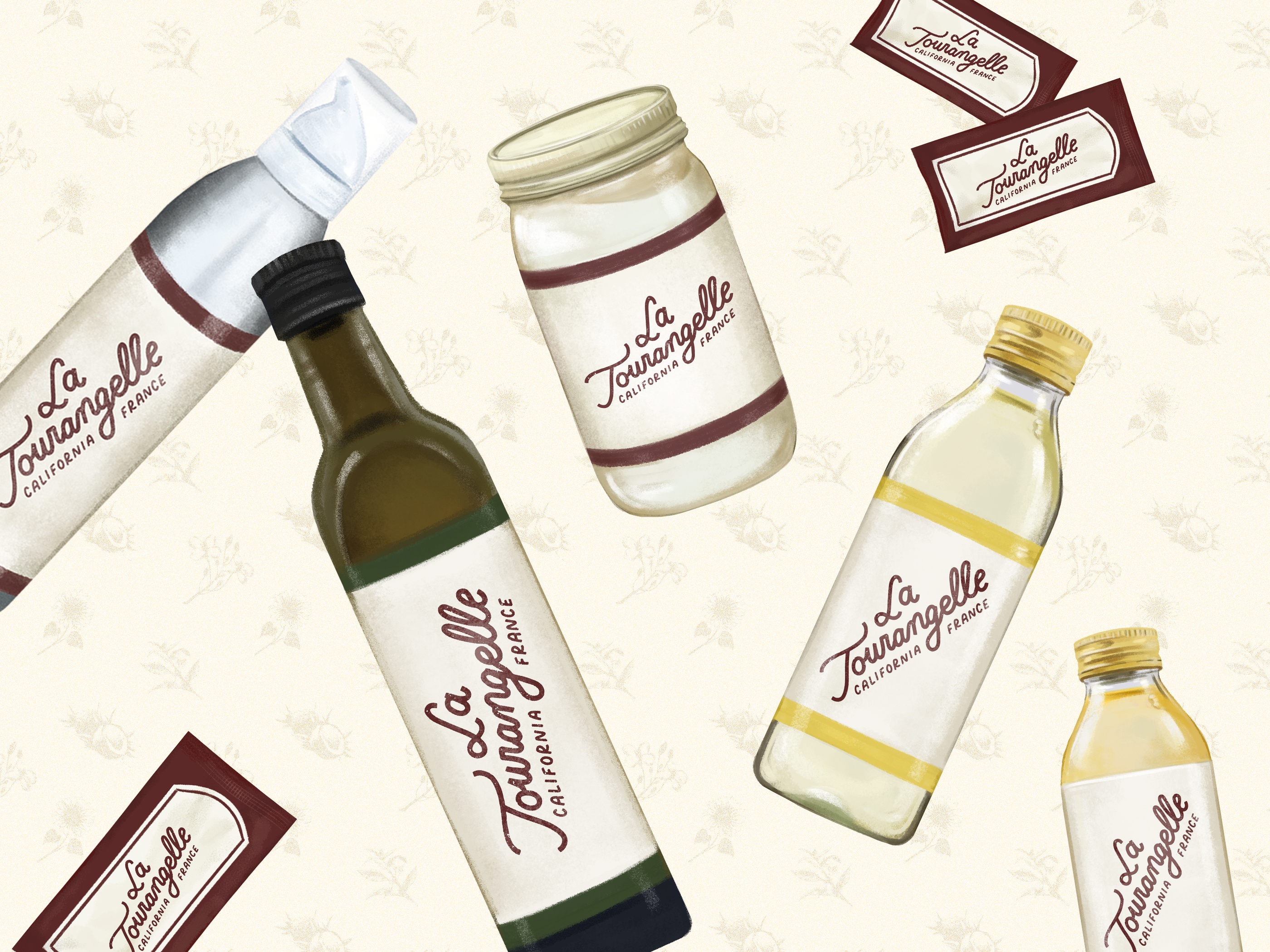 CPG brand illustration for La Tourangelle, food illustration set of olive oil products for marketing collateral and packaging design elements