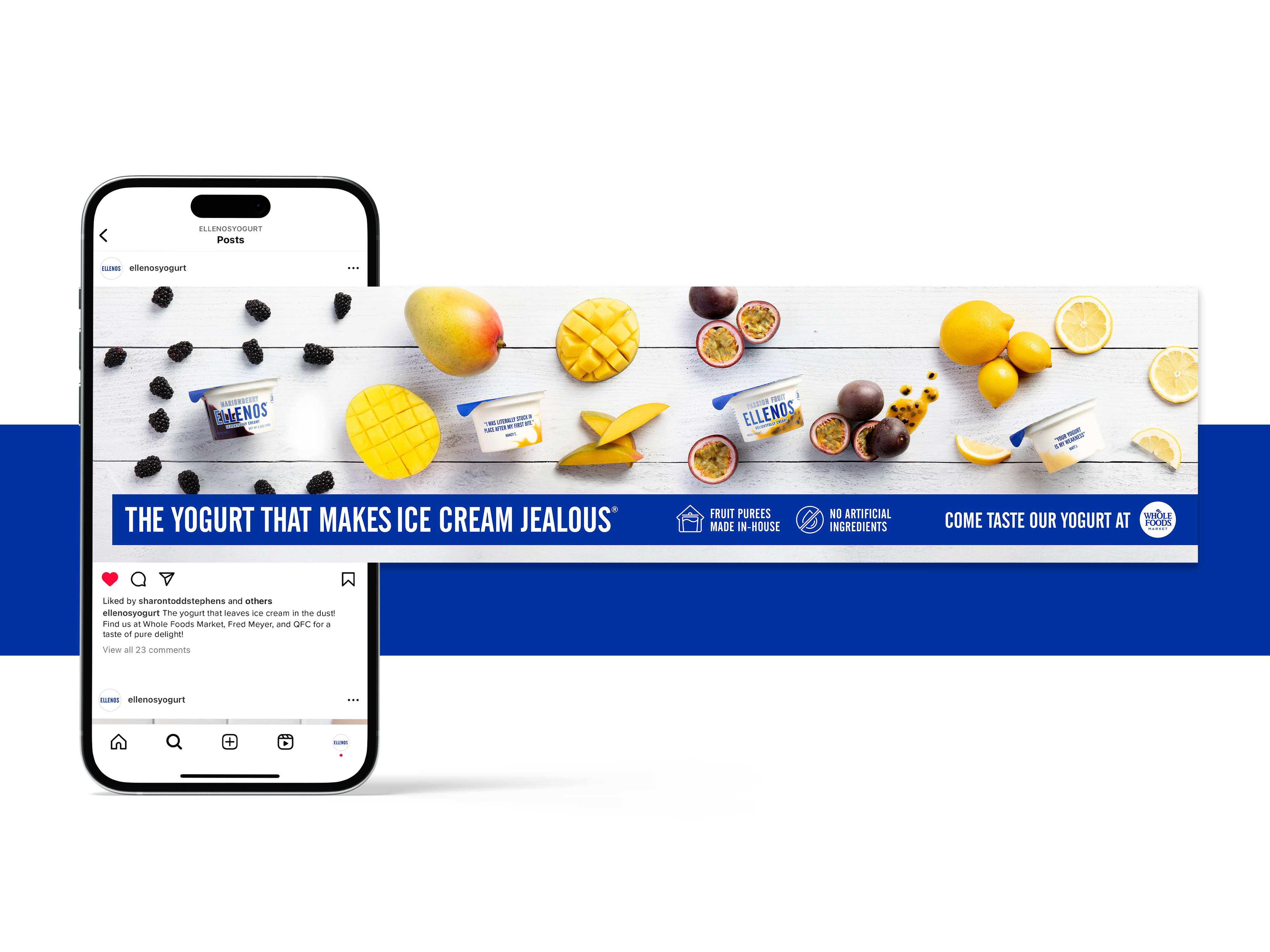 Social media carousel design for Ellenos Yogurt, Instagram post layout featuring product and fruit photography with bold messaging for digital marketing campaigns