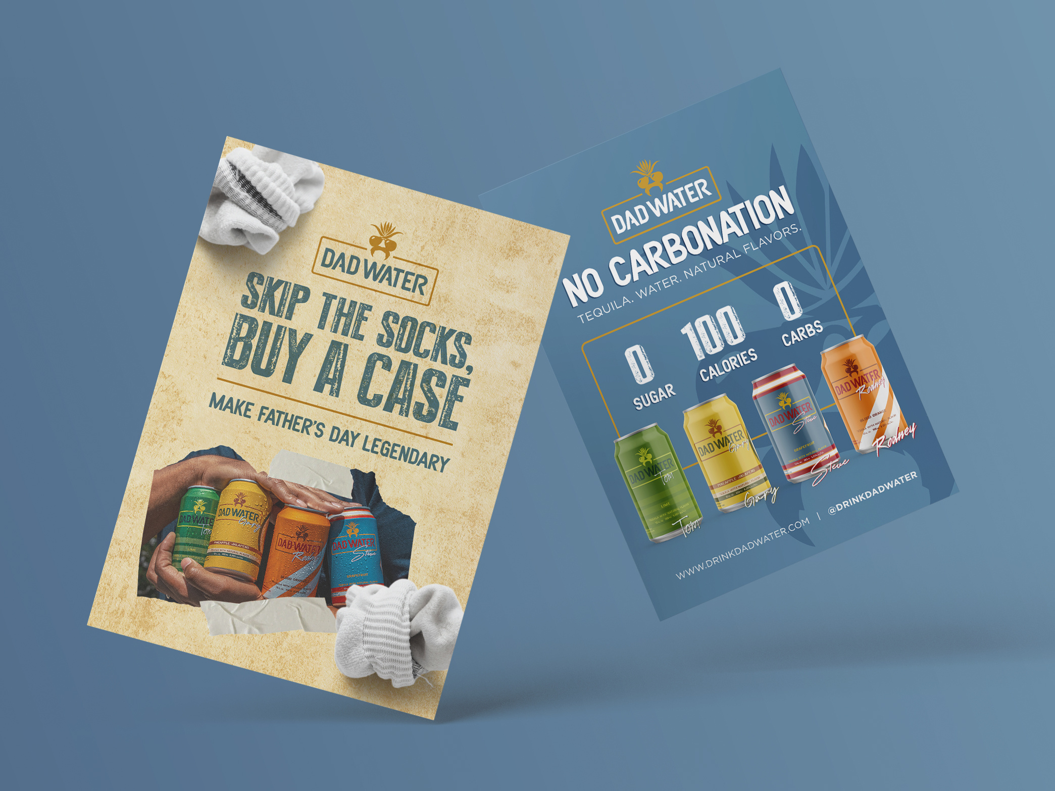 Postcard design for CPG beverage brand Dad Water, promotional print marketing for Father's Day and product benefits