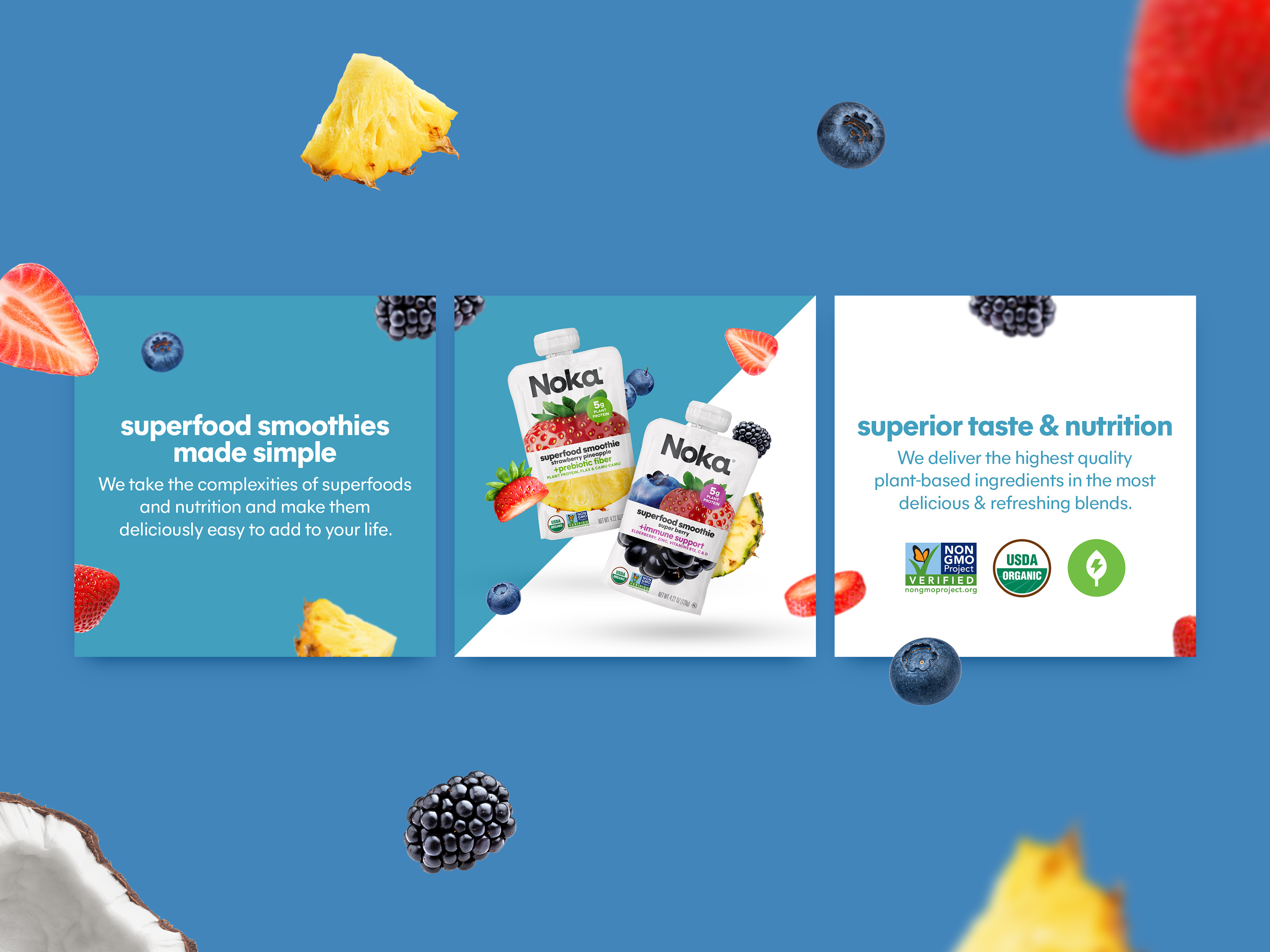 Social media design for Noka superfood smoothies digital marketing graphics for retail promotions and trade shows featuring product pouches and fresh fruit