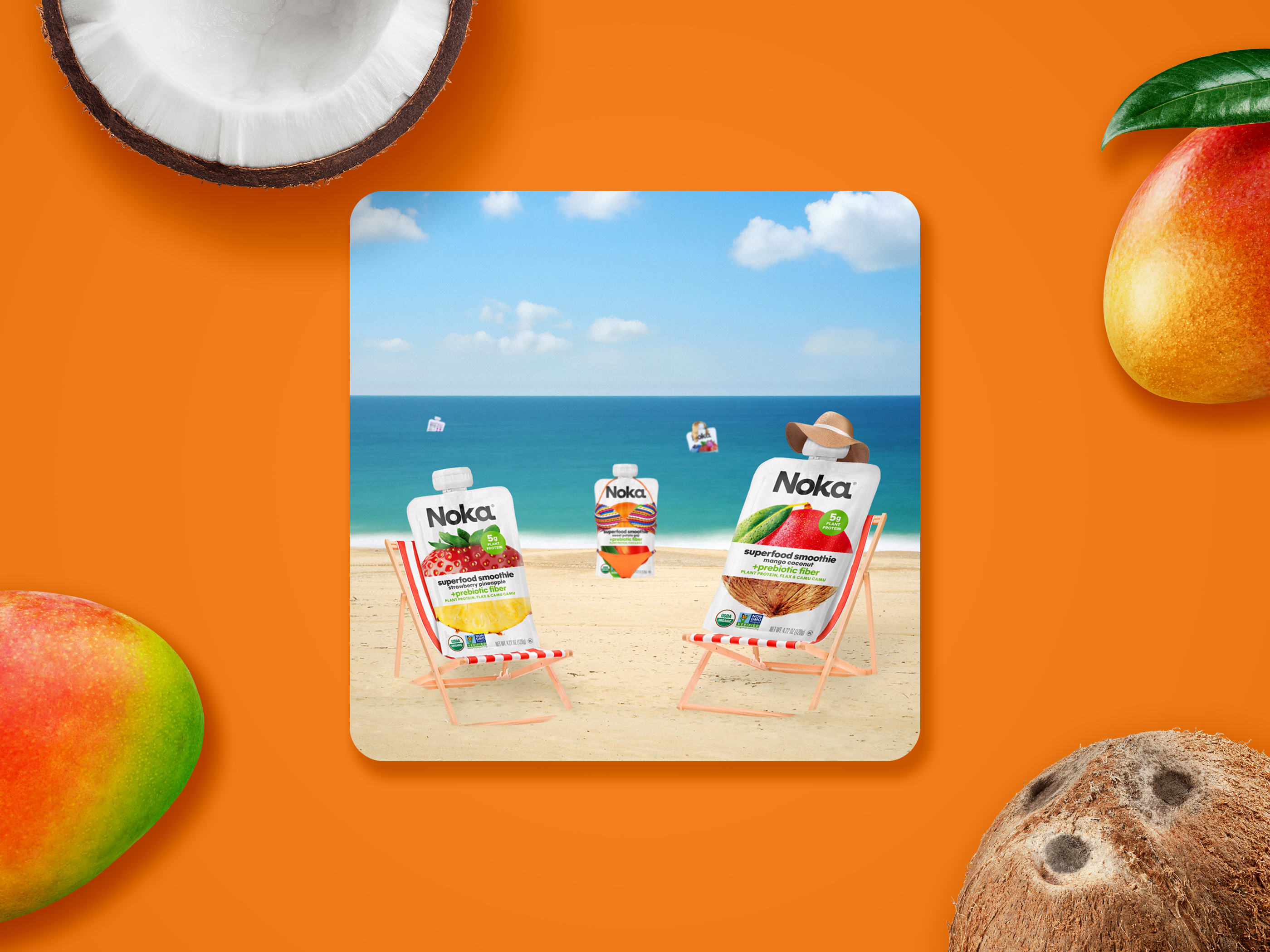 Social media graphic for Noka superfood smoothies featuring product pouches in beach chairs on a tropical beach used for digital marketing and brand storytelling