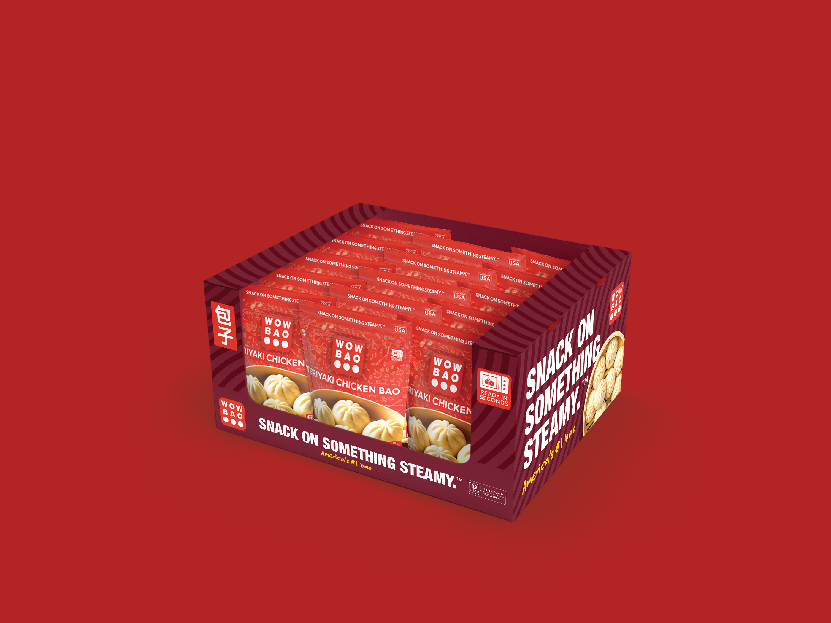 Retail display design for Wow Bao buns point of purchase counter unit for CPG snack brand trade marketing asset for retail promotions and events