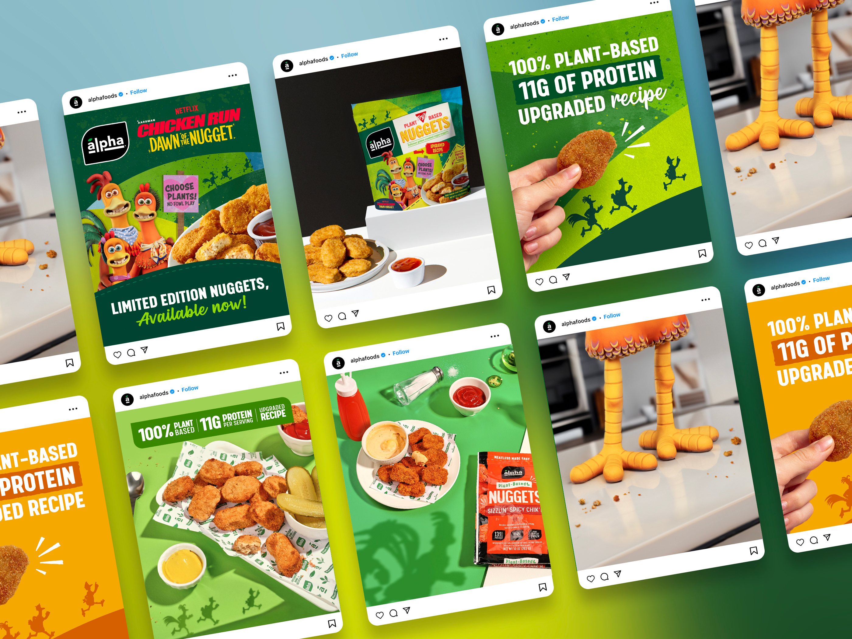 Social media design for CPG snack brand Alpha Foods, digital marketing assets featuring plant-based chicken nuggets and Chicken Run partnership graphics for promotional campaigns