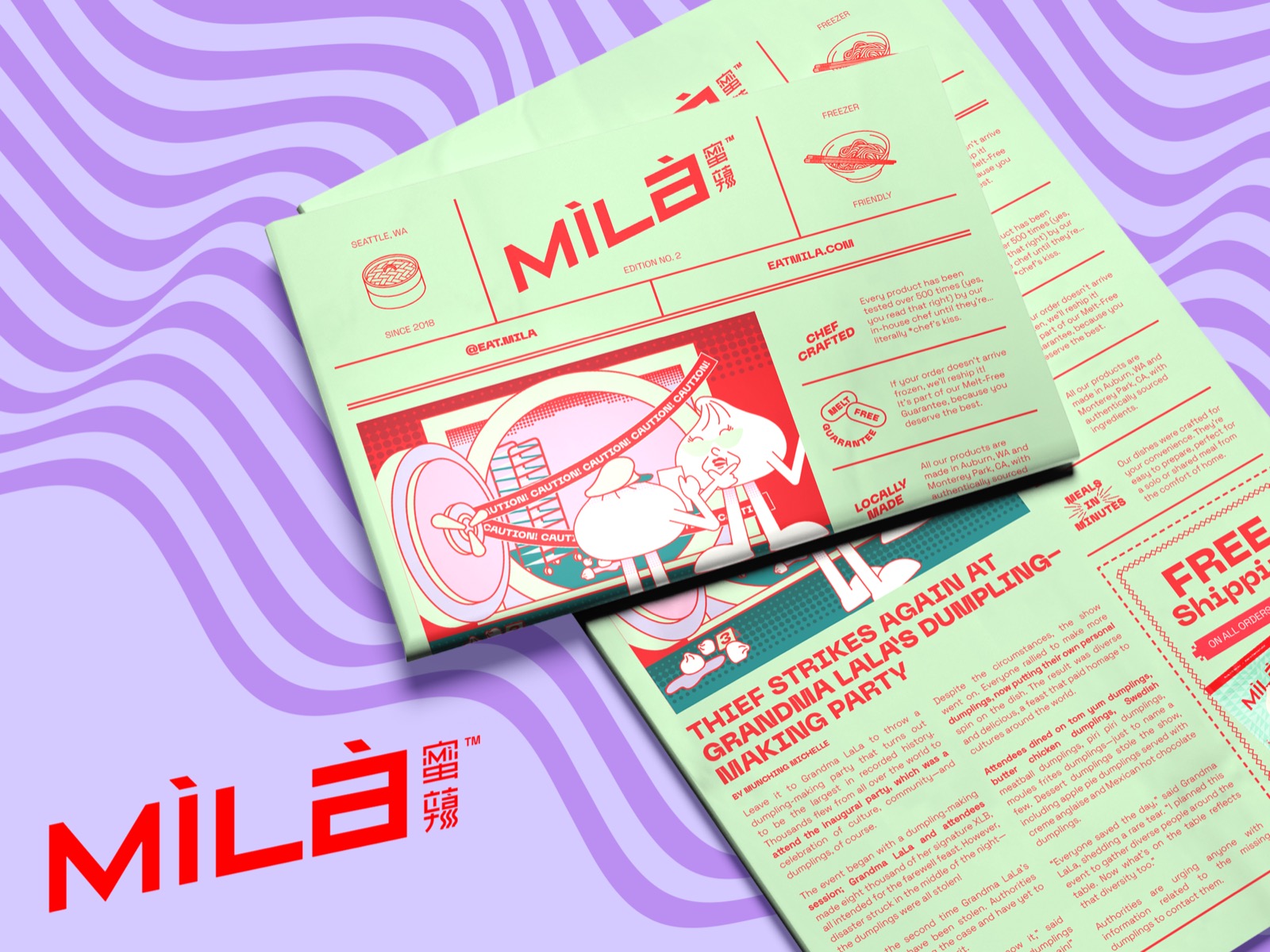 Newspaper design for MìLà dumplings featuring illustrations and brand storytelling used for event marketing and retail promotions