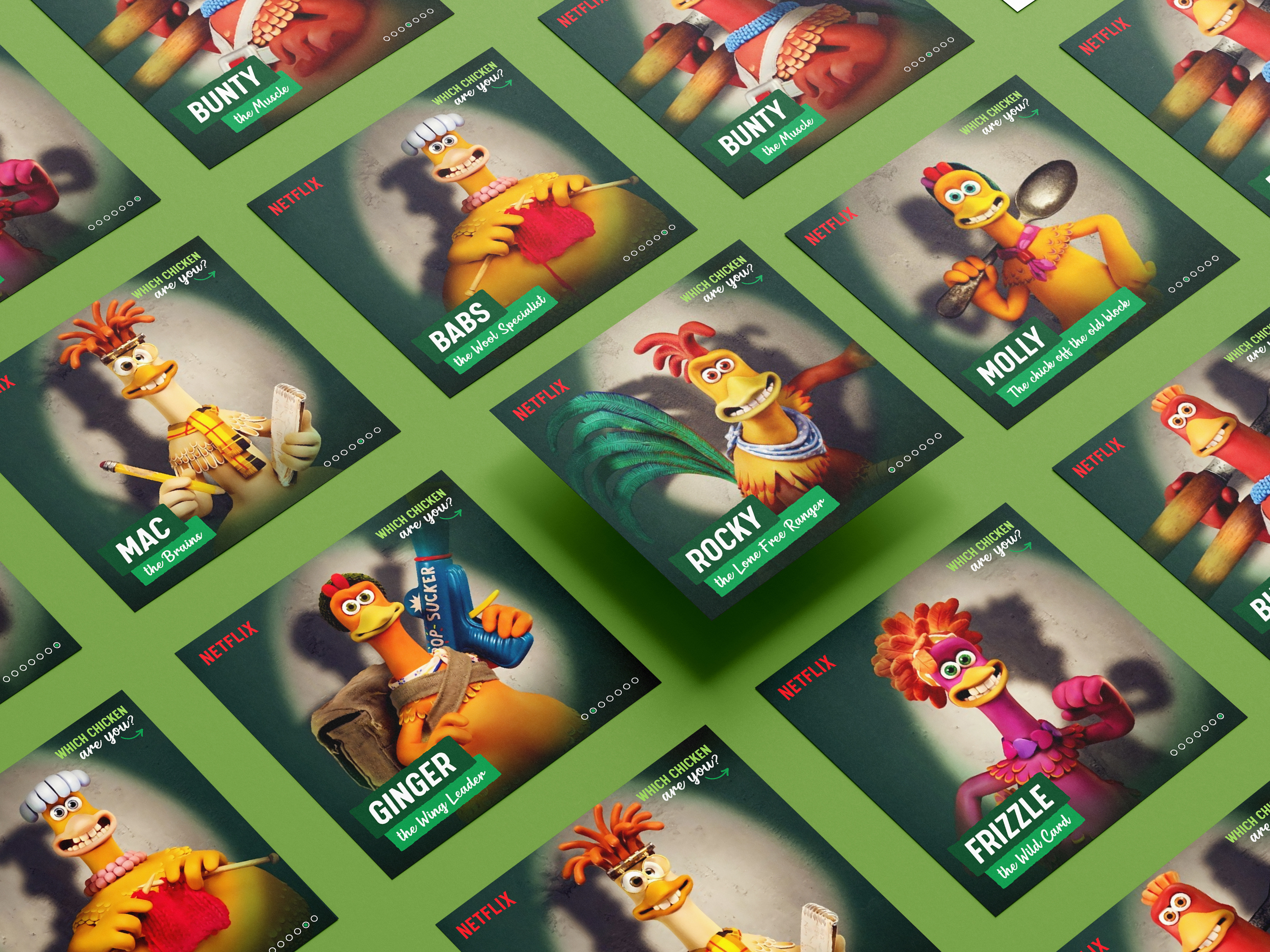 Social media design campaign for Chicken Nuggets brand featuring Netflix characters, digital marketing assets for engagement and brand storytelling