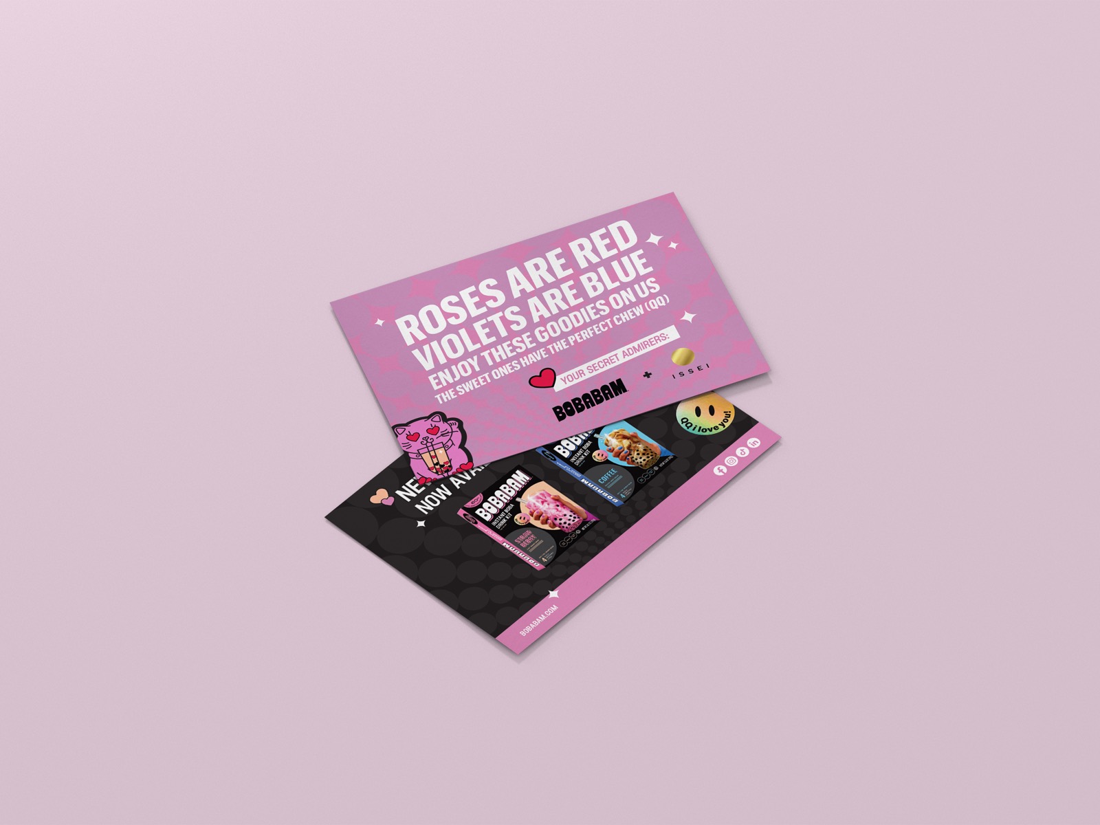 Postcard design for Valentine's Day promotion, trade marketing and retail event insert for Bobabam and Issei brands