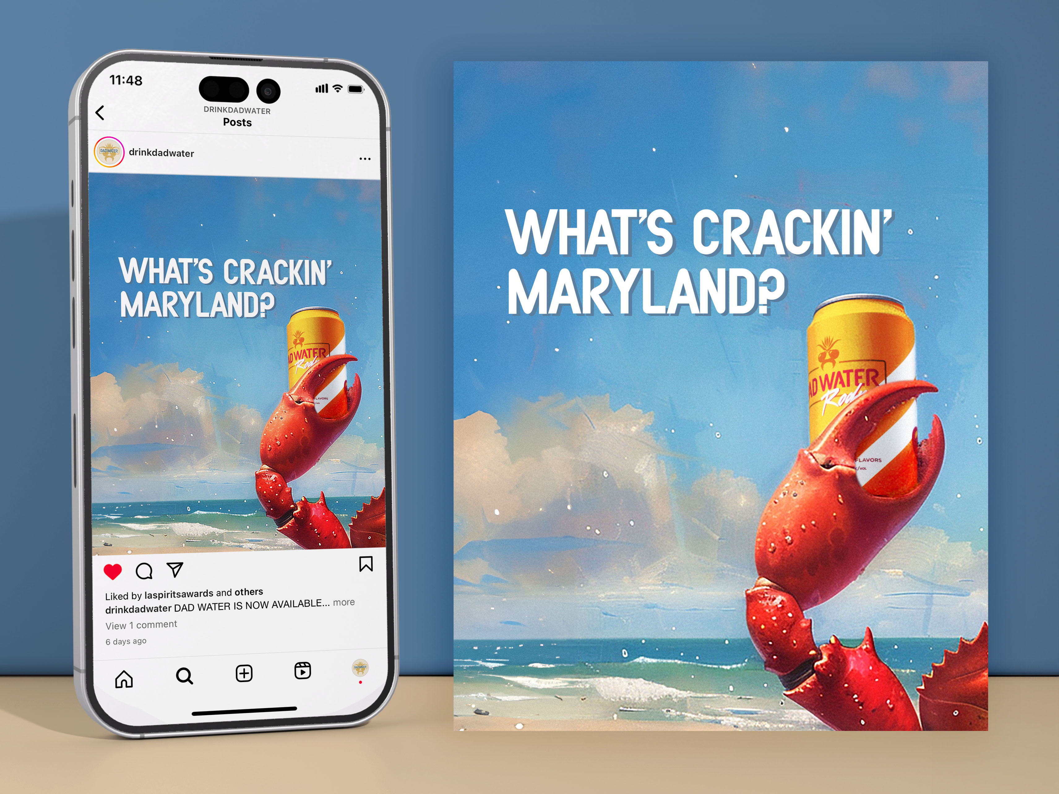 Social media design for beverage brand Drink Dad Water, regional product launch graphic for Maryland featuring a crab claw holding a can on a beach
