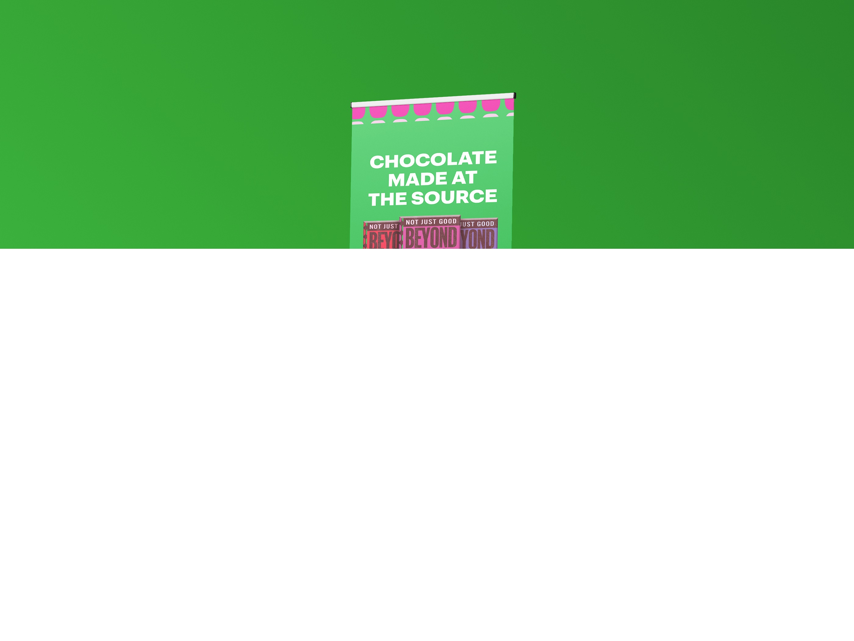 Retractable pop-up banner design for Beyond Good chocolate, vertical trade show display graphics used in events and retail promotions, featuring product imagery and brand messaging