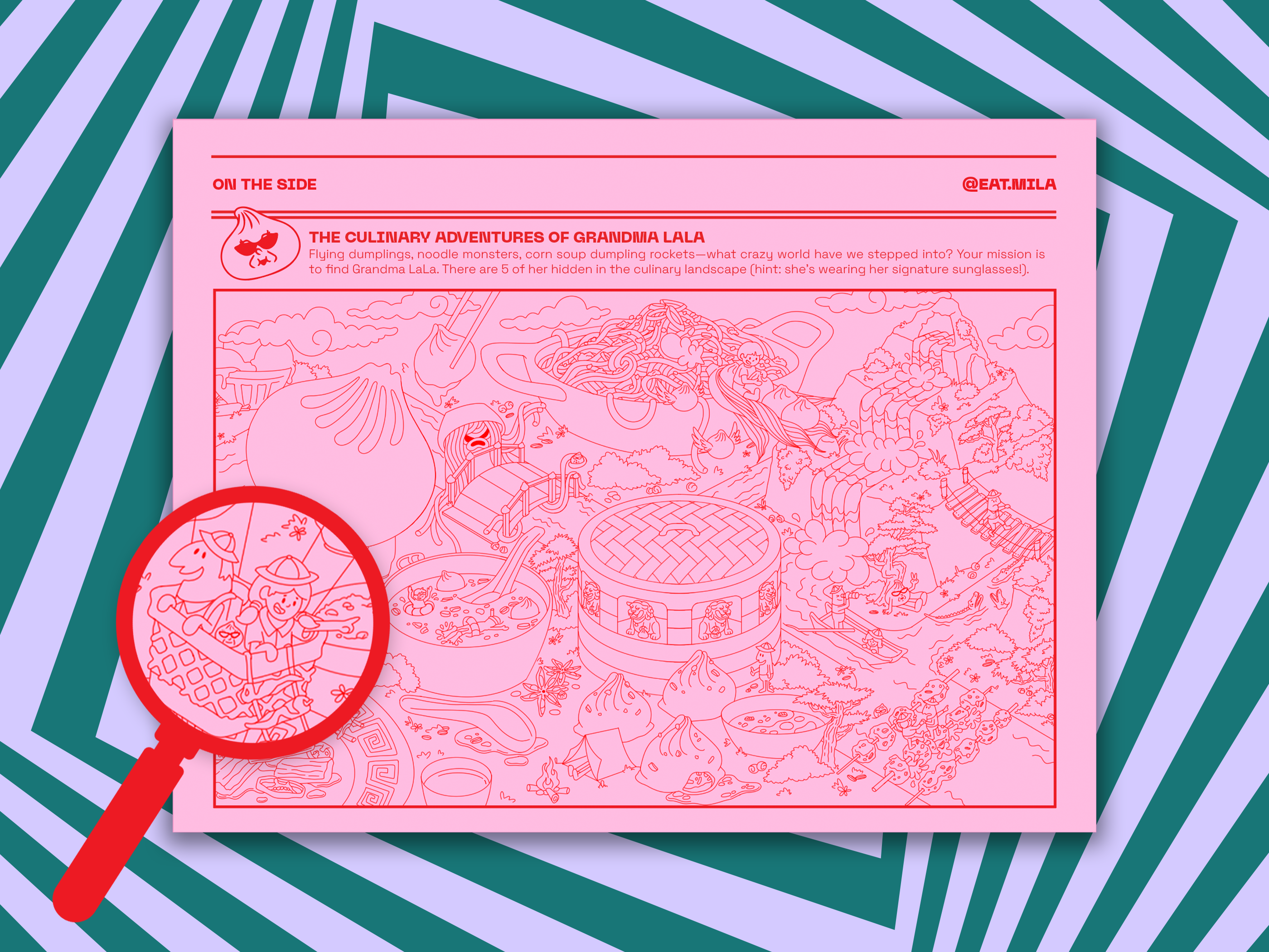 Activity card design for CPG brand Eat Mila, hidden object illustration game for event marketing and retail promotions