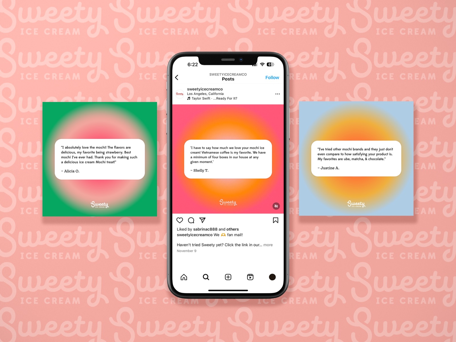 Social media design for Sweety Ice Cream, customer review graphics and quote cards for Instagram post, digital marketing for CPG brand