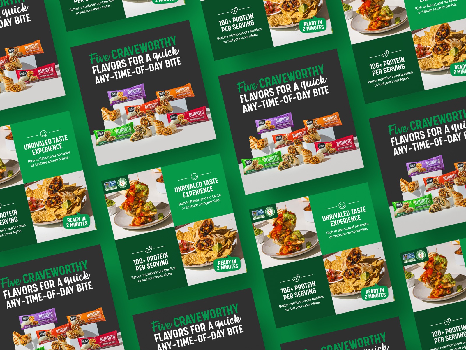 Social media graphic design for frozen burrito brand showcasing product variety, protein benefits, and taste appeal used for digital marketing and brand awareness campaigns