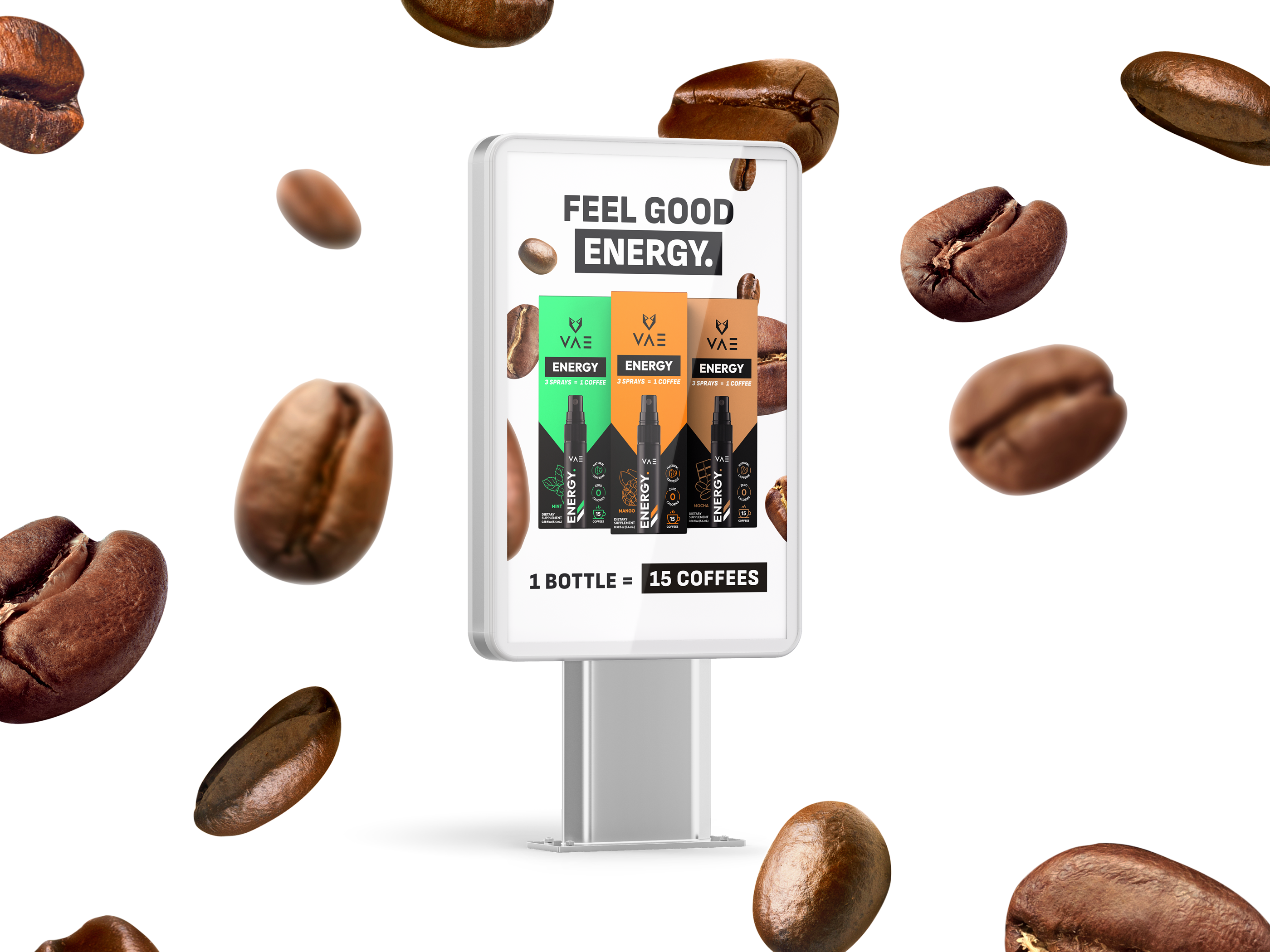Outdoor sign poster design for VAE Energy featuring energy spray products and coffee bean visuals, out-of-home advertising layout for retail promotions and brand awareness