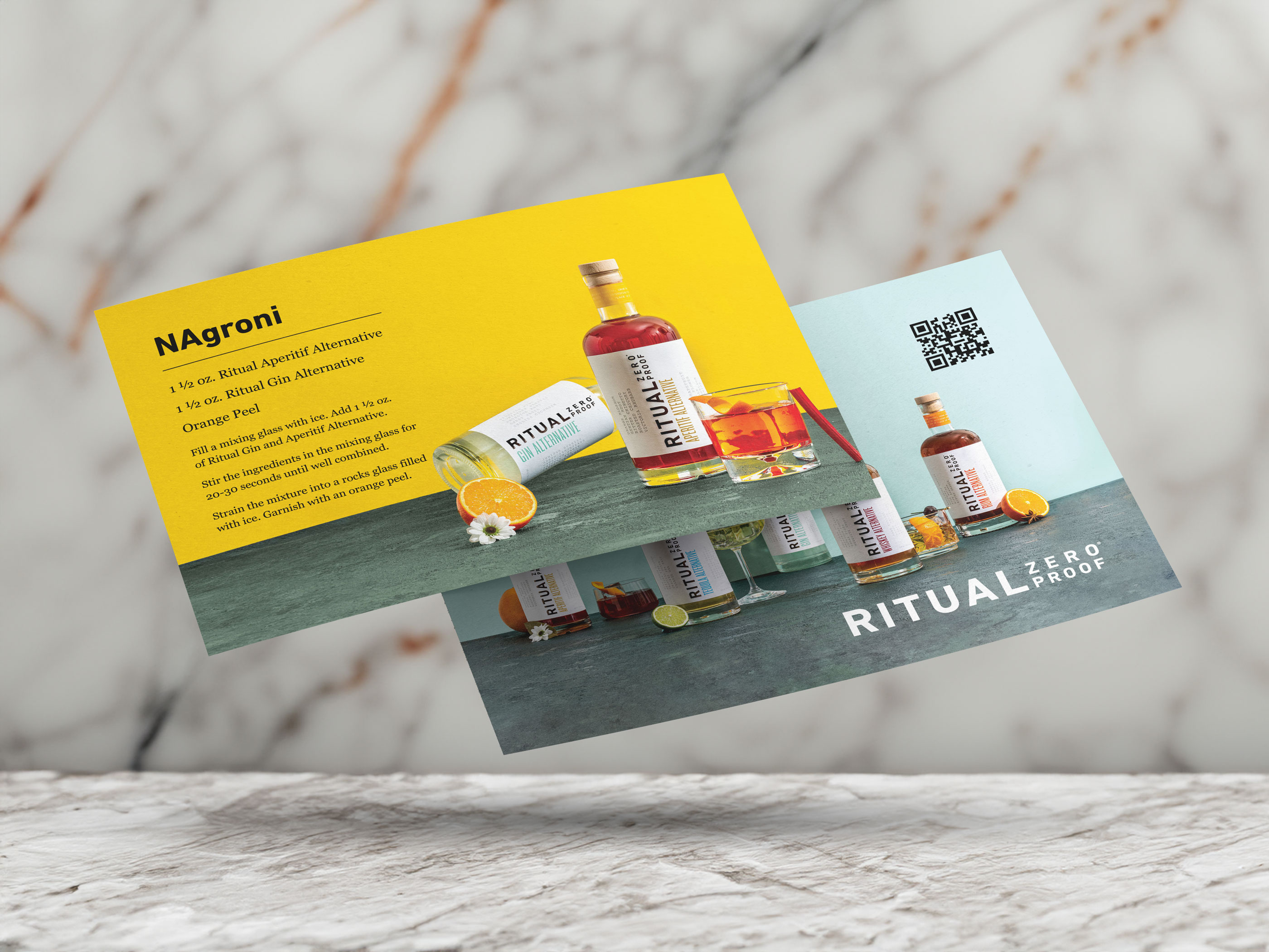 Postcard design and print marketing asset for Ritual Zero Proof, two-sided recipe card with NAgroni instructions and product photography for trade shows and retail promotions
