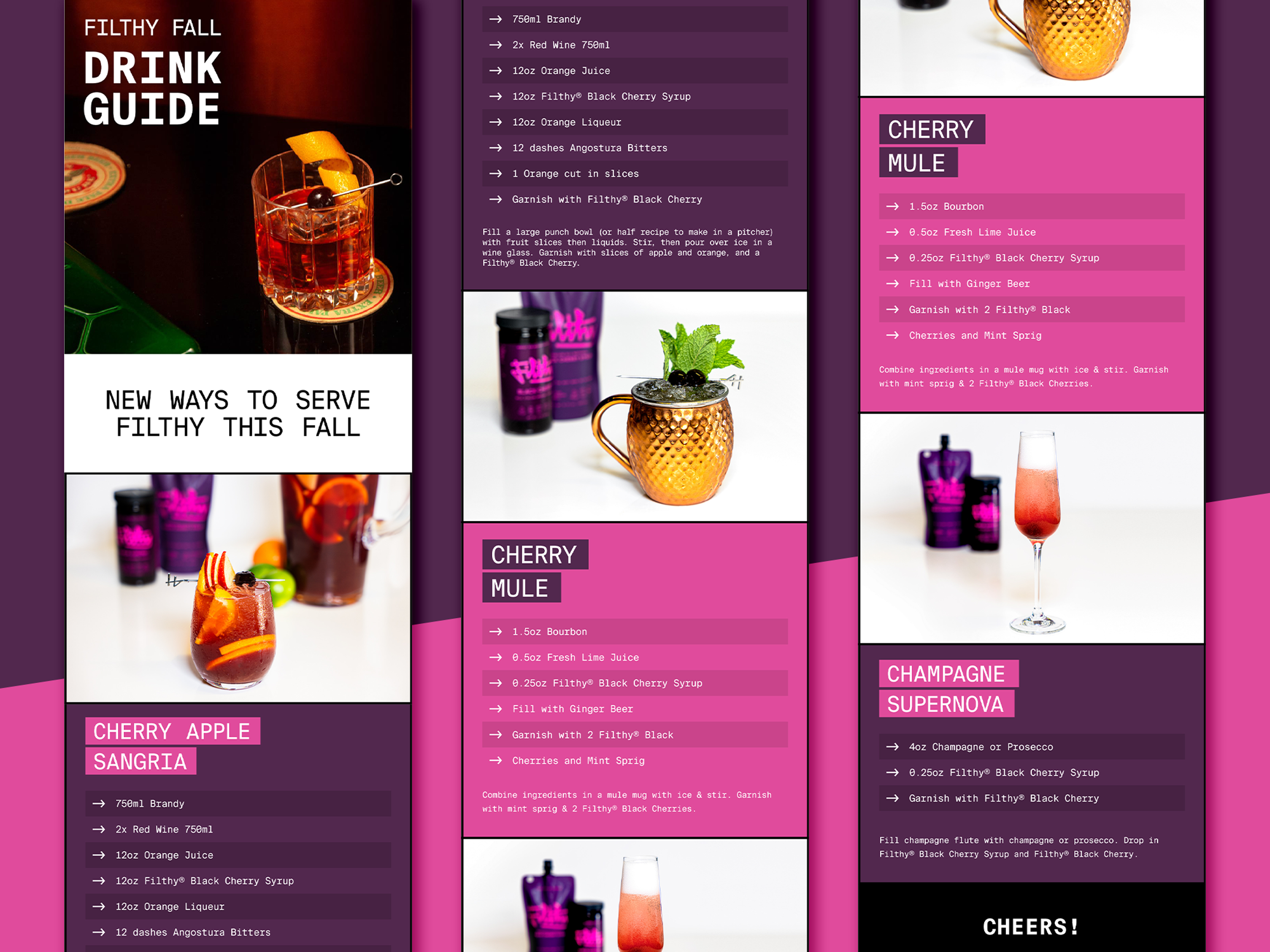 Email design for Filthy brand fall drink guide, newsletter layout featuring cocktail recipes and product photography with dark moody aesthetic