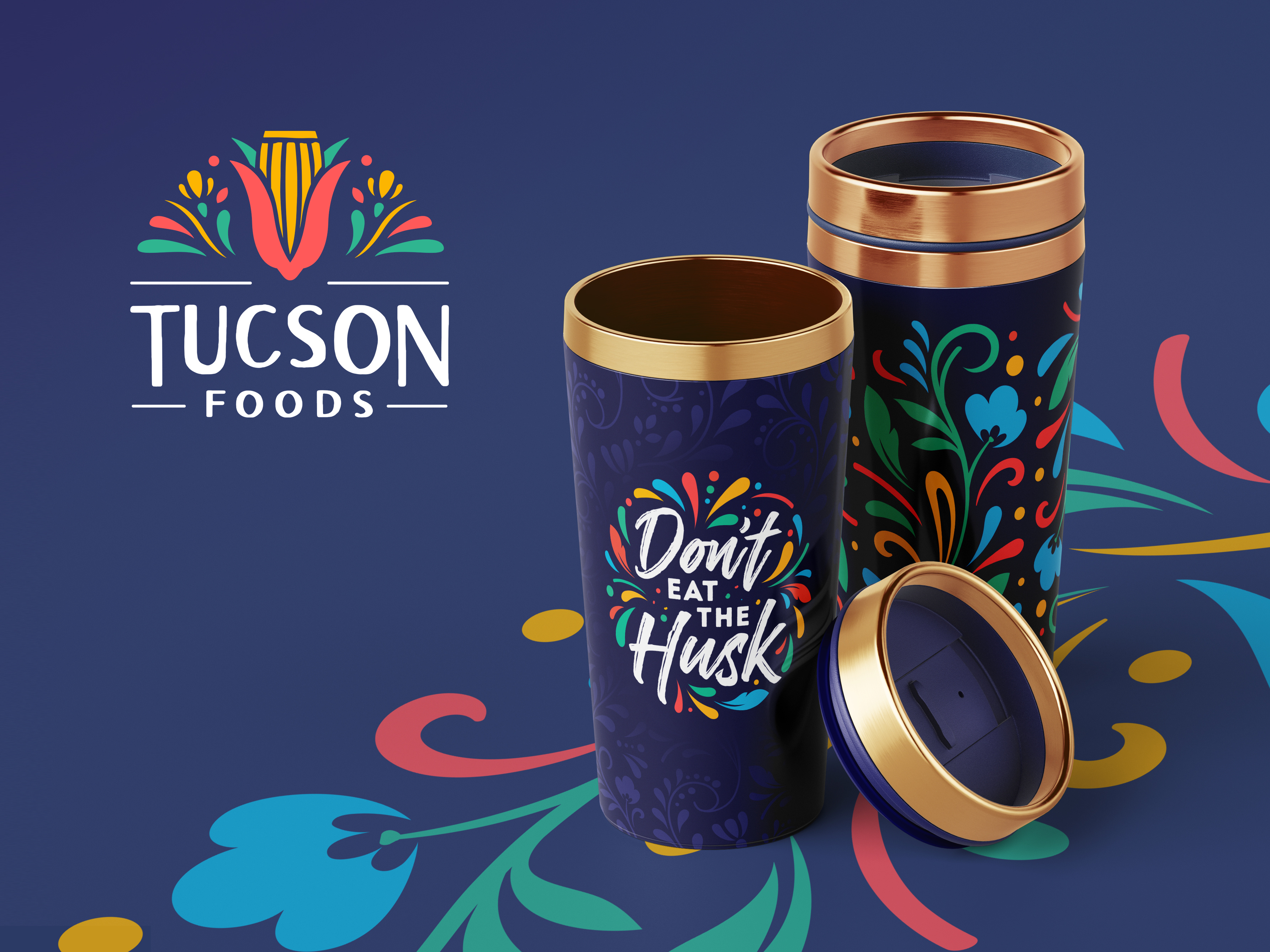 Branded merchandise design for Tucson Foods tumbler, promotional product for events and trade shows