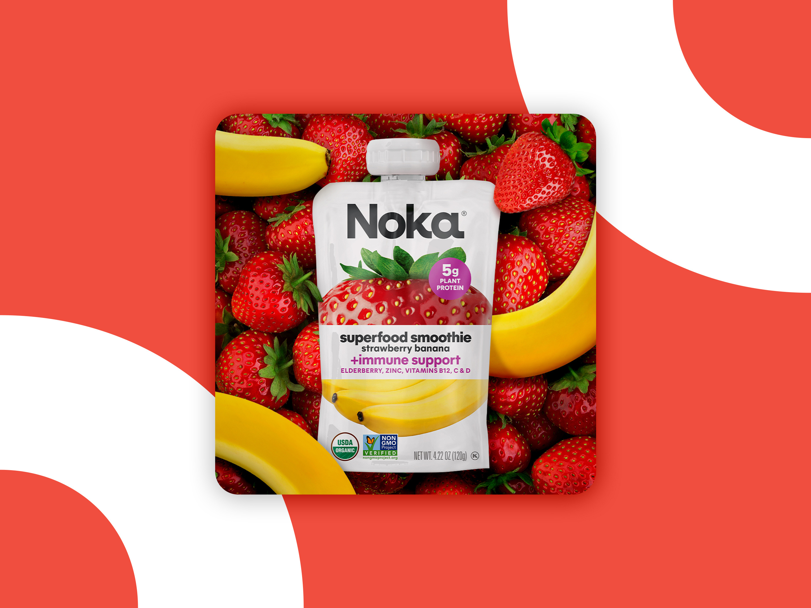 Social media design for Noka superfood smoothie, digital marketing graphic for CPG snack brand featuring product pouch and fresh ingredients