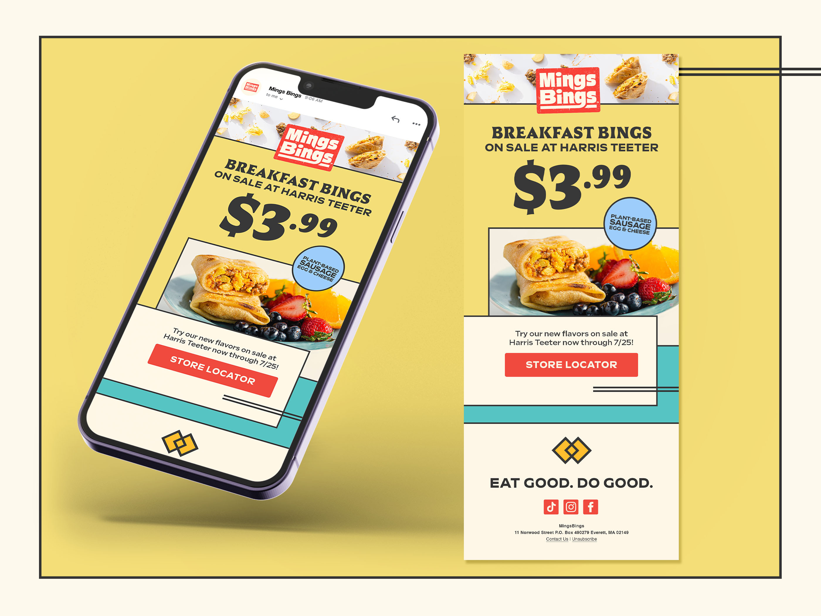 Promotional email design for CPG brand Mings Bings, e-commerce email marketing layout optimized for retail promotions and product sales