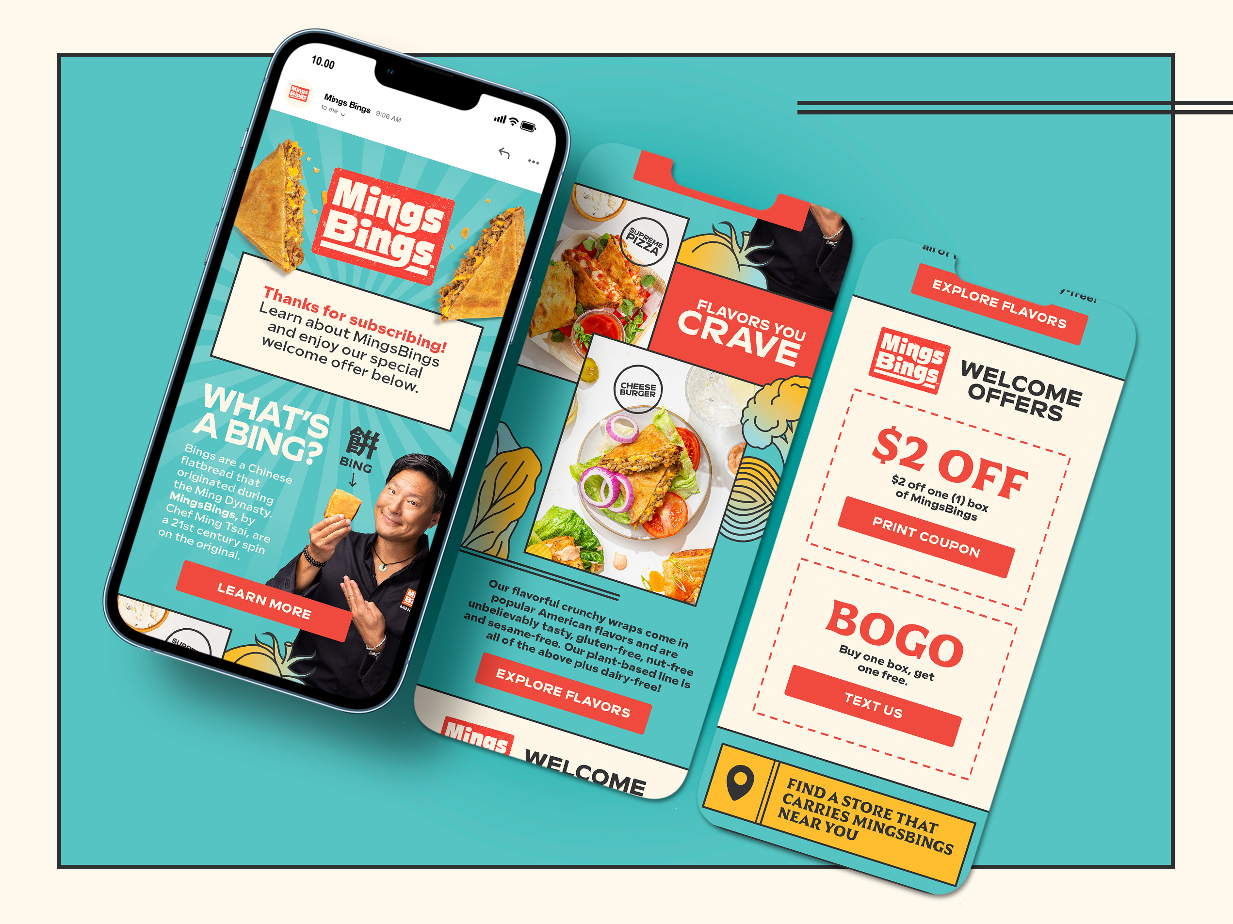 Email design and e-commerce newsletter layout for CPG snack brand, mobile-optimized welcome series with promotional offers and product education