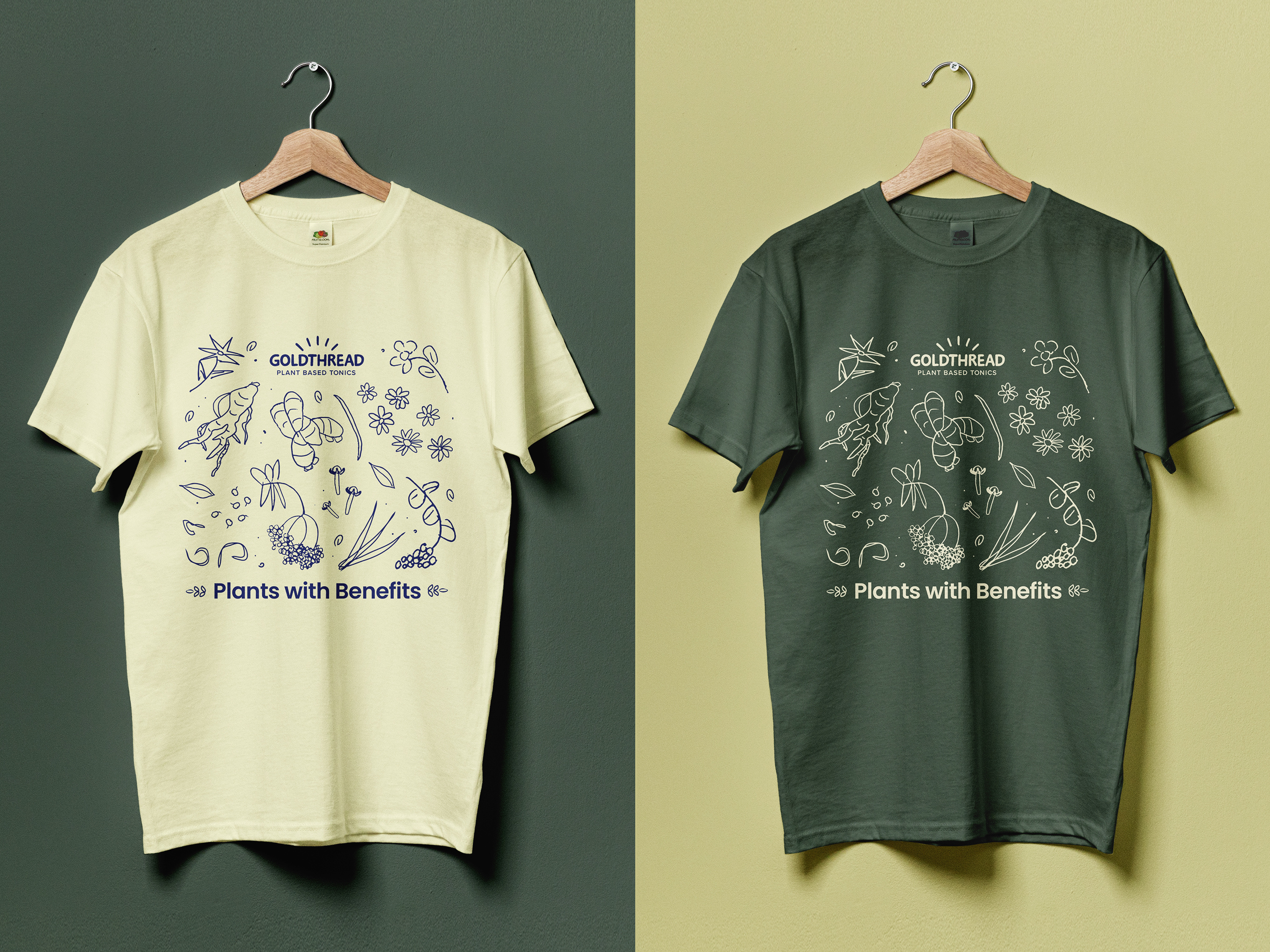 Merchandise design and apparel graphics for CPG brand, trade marketing assets featuring botanical illustrations and tagline for events and retail promotions