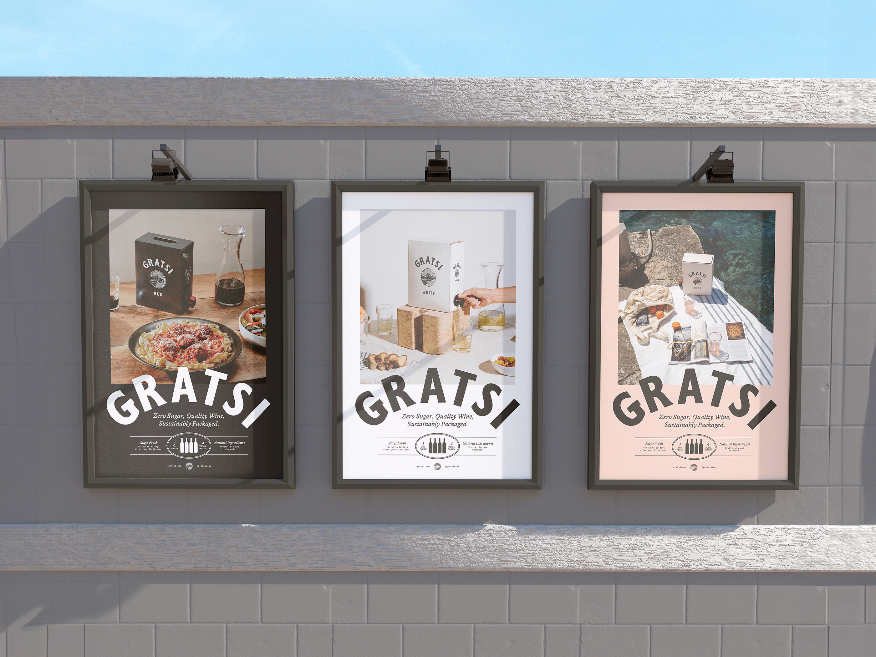 Out-of-home poster design for wine brand GRATS, set of three retail signage posters featuring product photography and lifestyle imagery for brand awareness and trade marketing