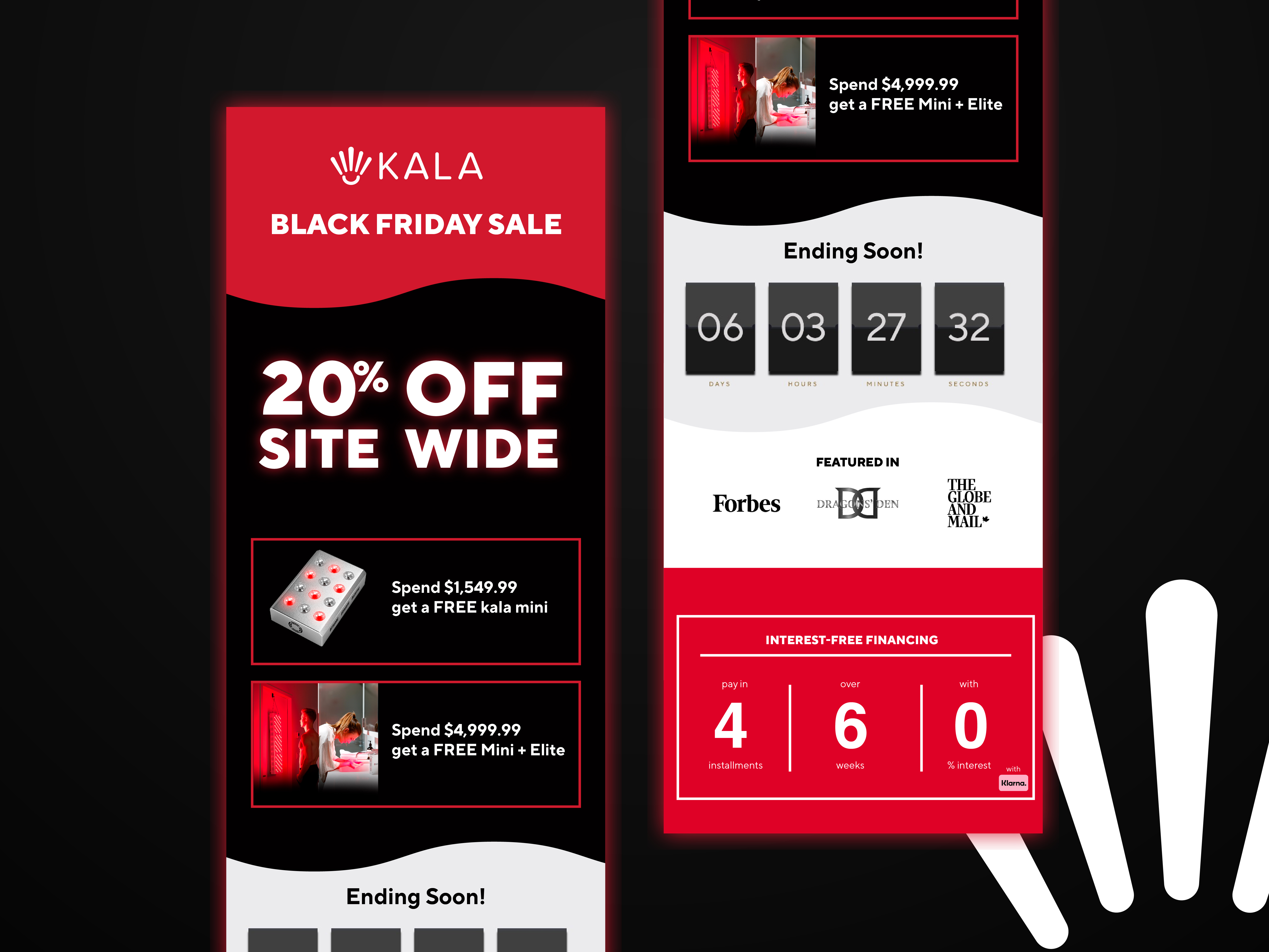 Email design for KALA Black Friday Sale, e-commerce email marketing layout optimized for promotions, limited-time offers, and conversion-focused campaigns with countdown timer and tiered spending rewards