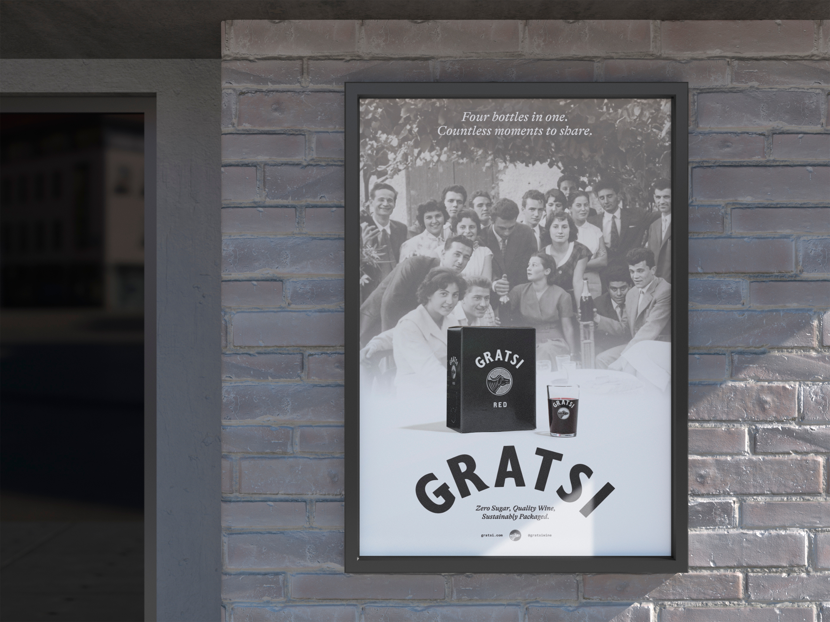 Poster design and out-of-home advertising for Gratsi wine, retail signage optimized for brand storytelling and product benefits in high-traffic environments