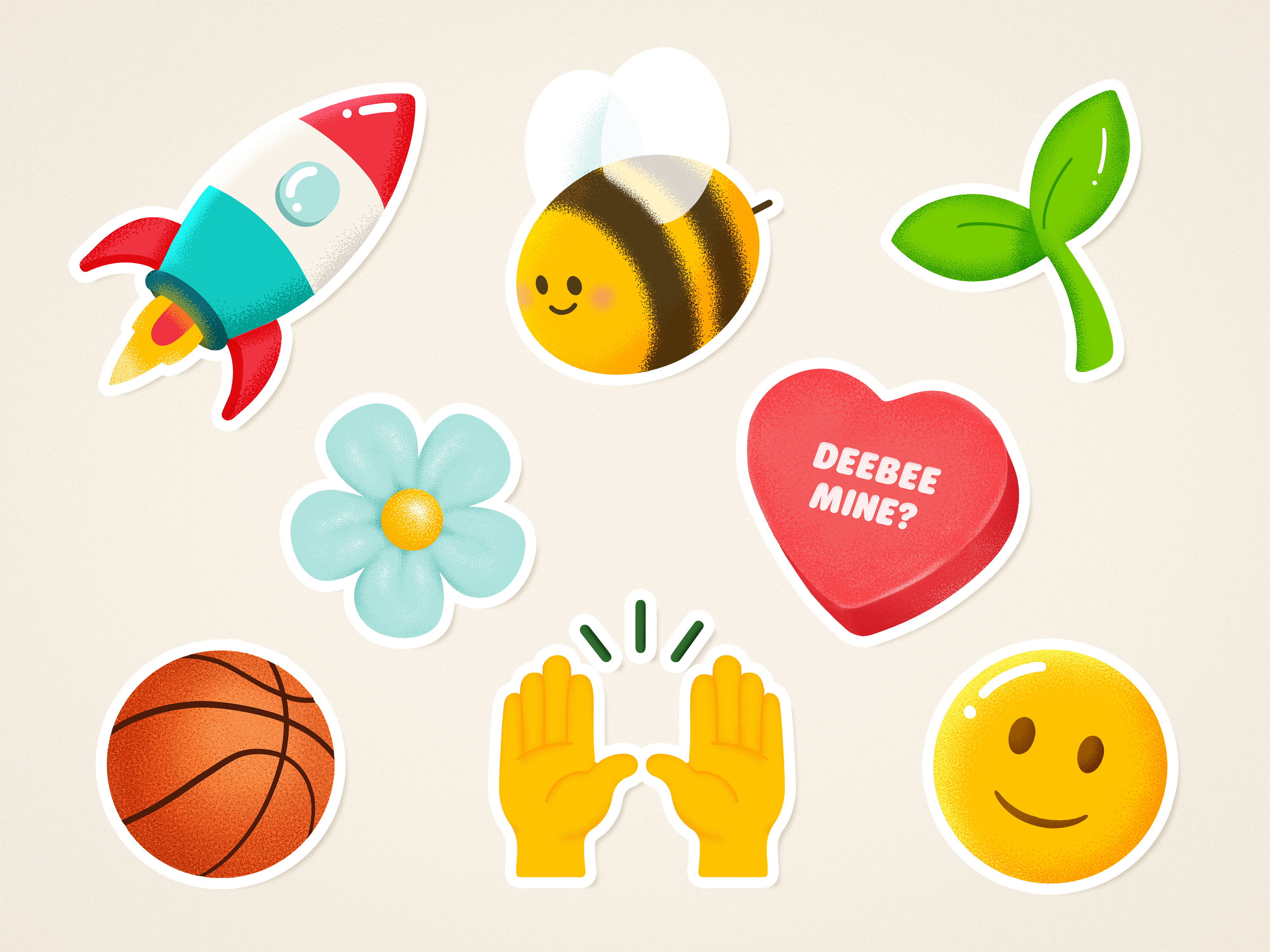 Brand illustration stickers for DeeBee's featuring playful icons like a rocket, bee, heart, and high-five used for events, trade shows, and retail promotions